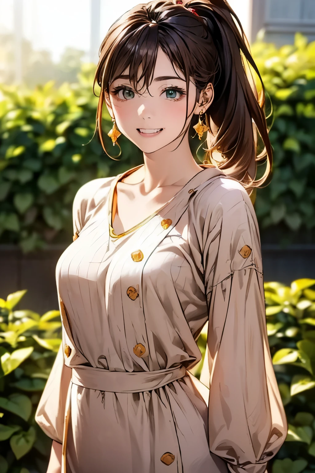 (masterpiece:1.2, highest quality), (woman1name:1.6)(realistic, photorealistic:1.4), beautiful illustrations, (natural side lighting, movie lighting),
looking at the viewer, face focus, Upper body, woman1name, Japanese, perfect face, perfect body, Cute symmetrical face, shiny skin, baby face, medium breasts:1.4
((high ponytail:1.4, light brown hair, long hair)), hair between eyes, emerald green eyes, seductive thighs, thin,
beautiful hair, beautiful face, thin and beautiful eyes, beautiful clavicle, beautiful body, beautiful breasts, beautiful thighs, beautiful feet, beautiful fingers,
((casual outfit:1.7 )),
(beautiful scenery, evening, garden, cute smile),