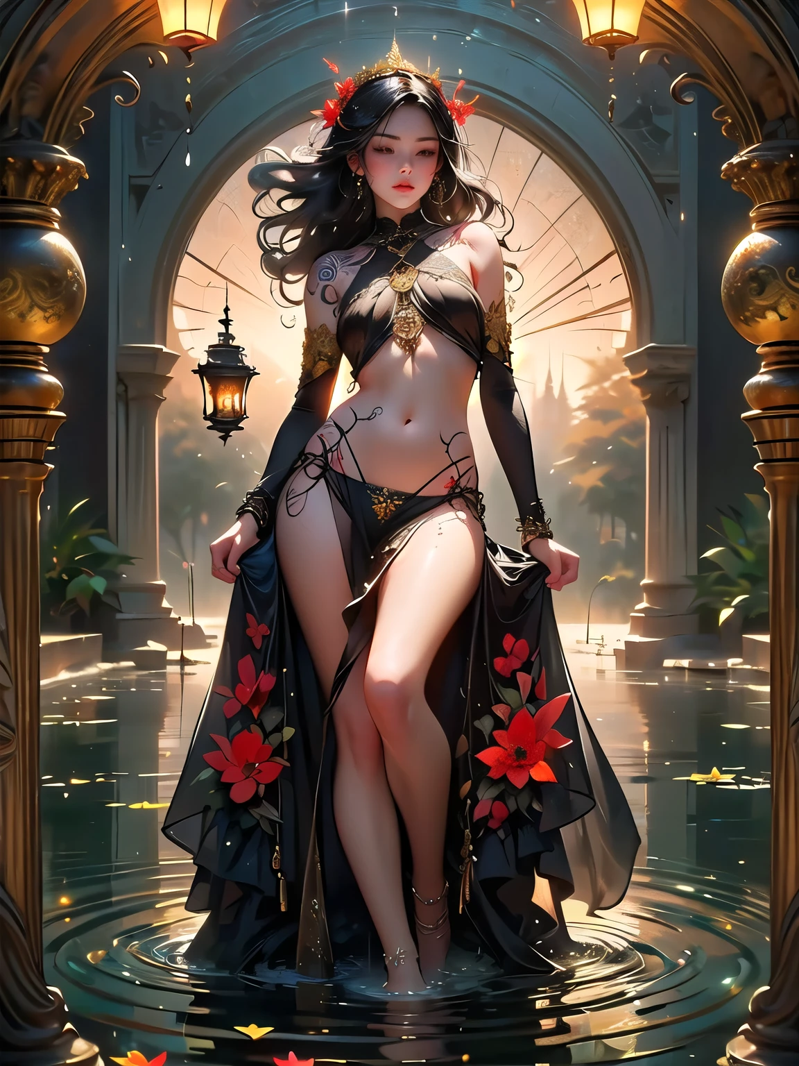 girl nude art, (masterpiece, top quality, official art, beautiful and aesthetic: 1.2), (1 flower), full body, Extremely detailed, (Fractal Art: 1.3), colorful, more detailed, "Best quality", " masterpiece, Sakimichan style art, slight smile, open legs, view of pubic hair, 1 sexy girl in transparent forest clothes, exposed breasts, transparent open t-shirt, tattoos of mandalas and flowers, ((black hair fused with platinum and gold) ), naked girl, beautiful pubic area visible, ((small breasts visible)), ((water pond in the garden)), ((Mandala and flower tattoos on naked body)), ((old floating clock )), (lamp, lantern) , skin wet with water, ((bed floating in the pond)), ((beautiful girl lying on the bed)), Fantasy, view from above, Legs open, ((beautiful girl lying on bed seen from above)), ((full female body)), night light, ((closed eyes long eyelashes)), ((transparent clothing fused in water)), ((impressionist garden art)), ((dynamic pose in sexy movement)), ((skin wet with water)), ((caucasian European girl)), ((watercolor art)), (perfect pencil drawing), (((tattoo on ankles and feet))), ( ((transparent red panties))), (transparent red blanket), ((surrealist art)), ((overexposure art)), ((wlop style art)),