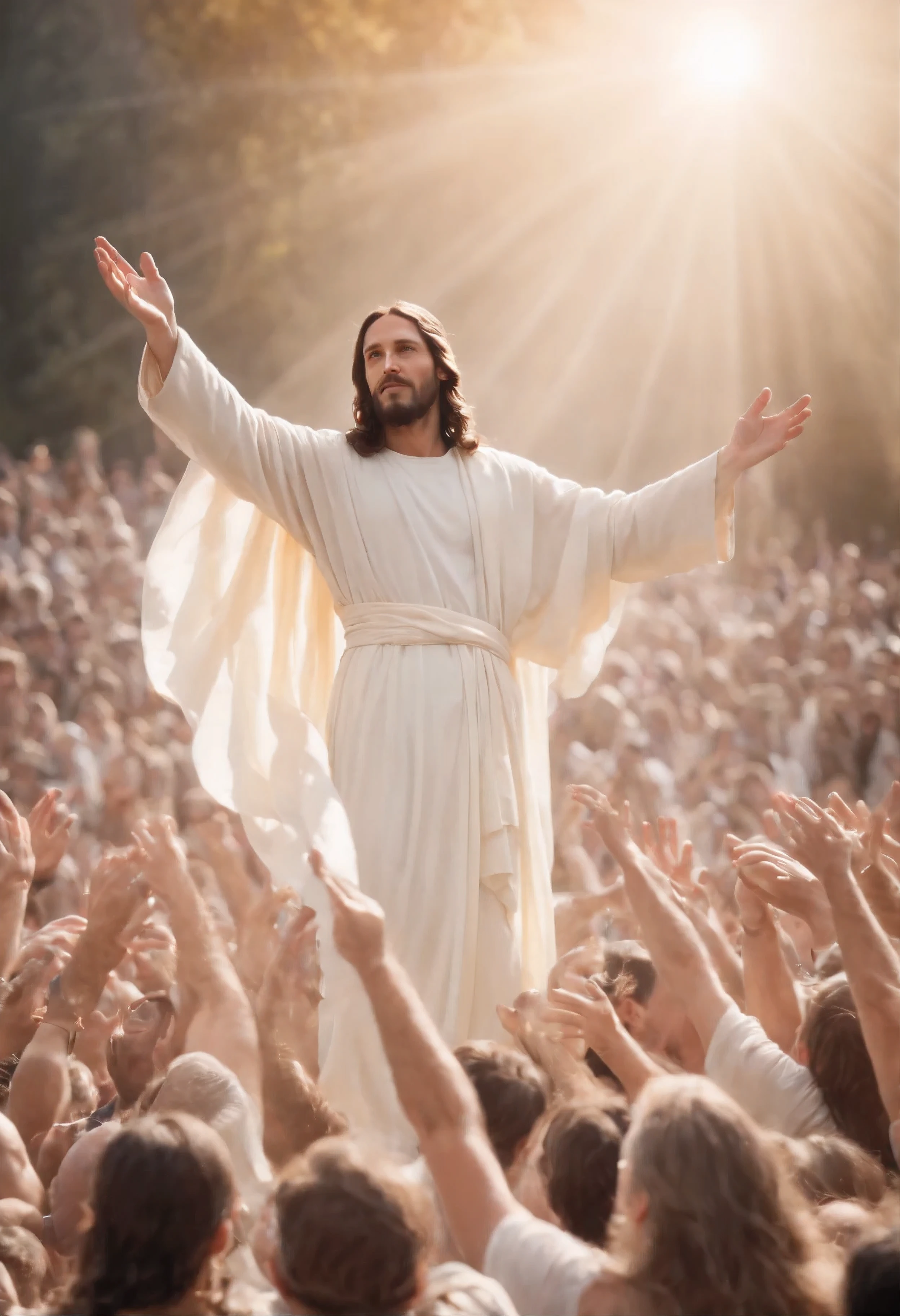 Jesus Christ flying in the sky over the crowd with open arms. Above your head a divine light that represents peace.