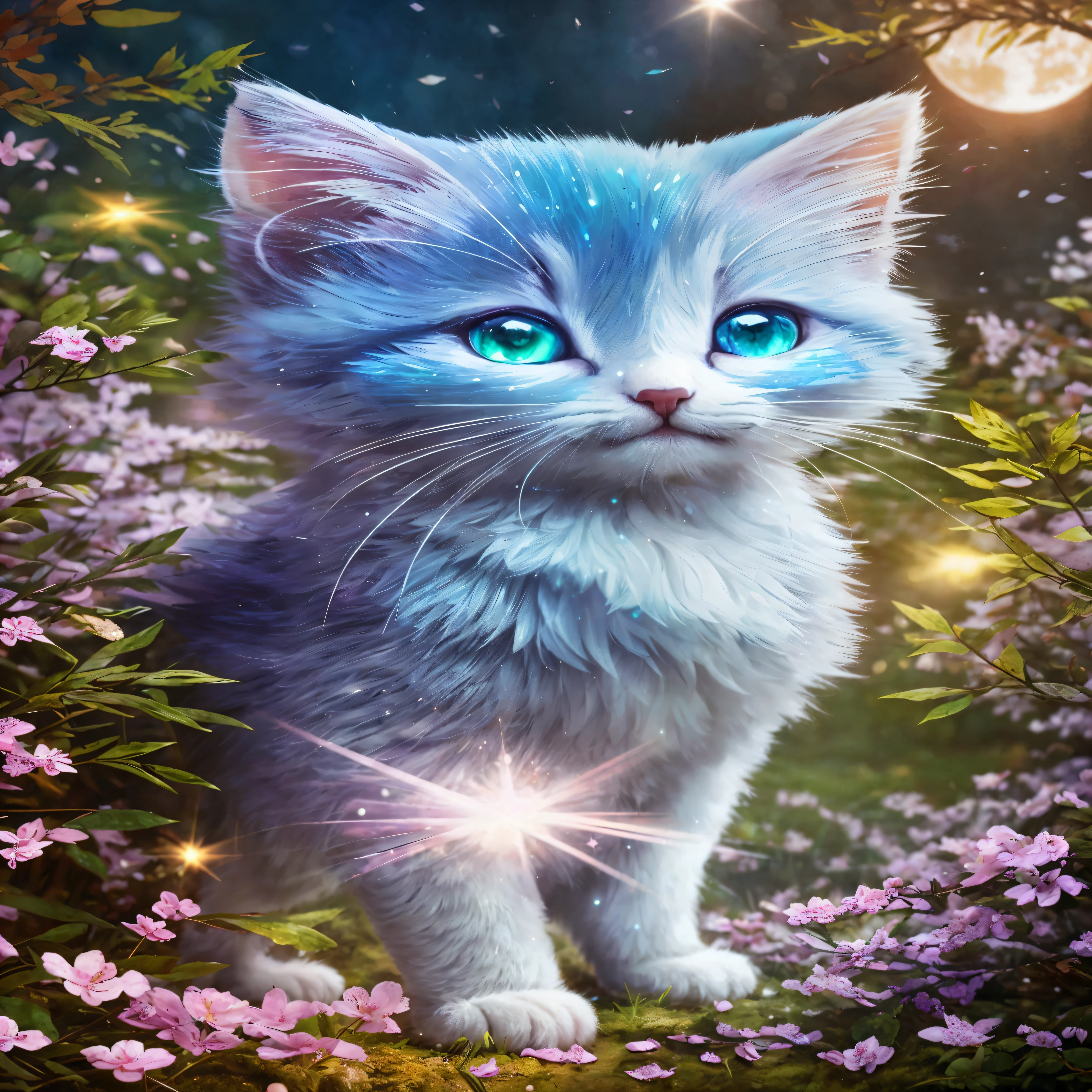 Seitenansicht, oversaturate, farbenfroh, Fairy tale, traumhaft, Filmcharakter-Rendering, Oil painting, 3d, 8K resolution, Pailletten, glitter, Sakura-Wald, Mondlicht, Close-up portrait of adorable anthropomorphic chibi kawaii kitten king, detaillierte Augen, large round reflective eyes,