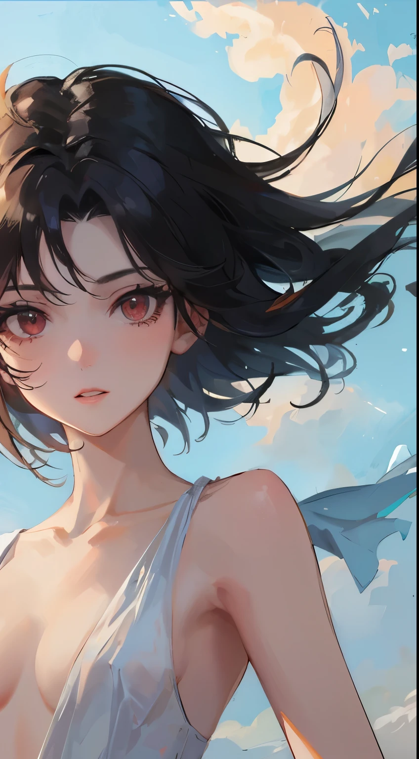 young girl black hair short hair red eyes irreverent face look down thin body thin thighs small breasts small ass toned body blue sky cloud hair blowing in the wind high quality High resolution 8K vampire watercolor natural feel bridge of the nose ((最high quality)), ((masterpiece)), (get used to it), dignified face grassland close up of face Beautiful as a goddess whole face I can see the nipples lipstick eye shadow Completely naked