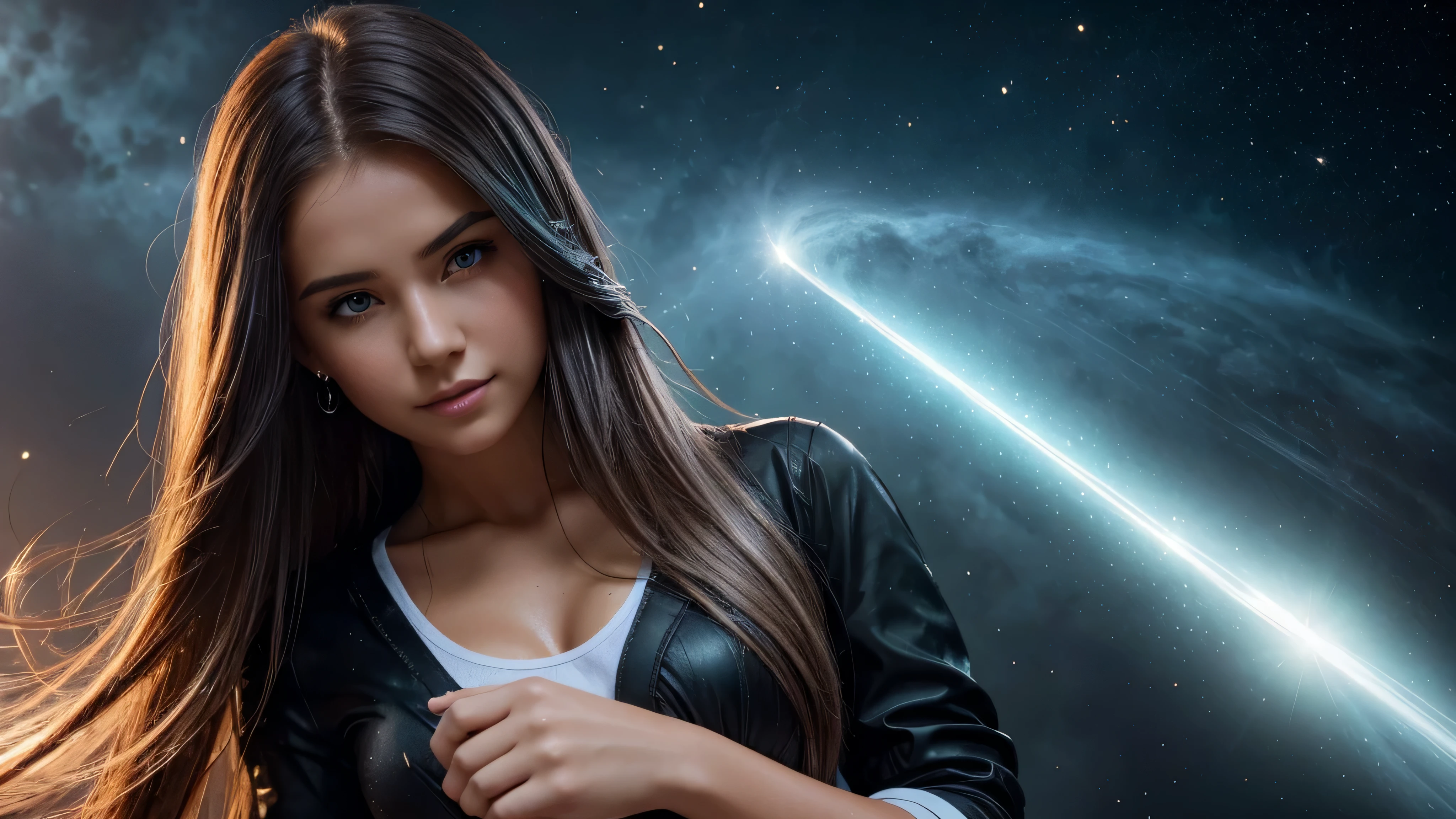 The spotlight is on a girl in a short black and red minidress, High detail, realistic beautiful girl with long brown hair, gradient blue and white hair color,girl with good charisma, creative approach to non-standard poses,Beauty and the Beast hold her in their arms.., Girl in miniskirt, there are splashes of silver dust, and behind it is a nebula, atmospheric lighting, surrounded by wet dew drops, behind the fantasy world, on a beautiful background, glare, shine, shine, spray drops, high quality, 8k Ultra HD, high contrast, high quality, Soft light, Close up of a beautiful realistic girl with BRIGHT WHITE TURQUOISE and pink long hair....... ,Close-up of clean skin with detailed skin ,full length,in a short miniskirt,with women'handbag