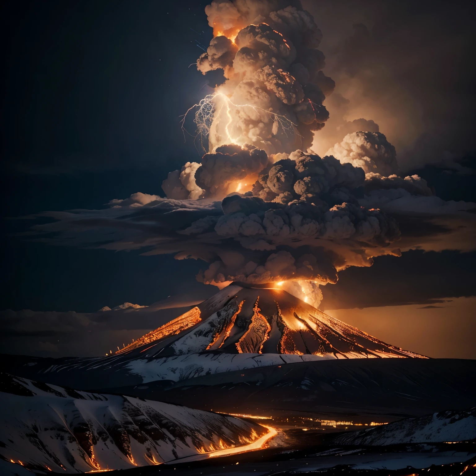 (best quality,highres:1.2),ultra-detailed(realistic:1.37),snow-capped volcano,erupting lava,impressive clouds,striking lightning,smoke plumes,vibrant colors,dramatic light
