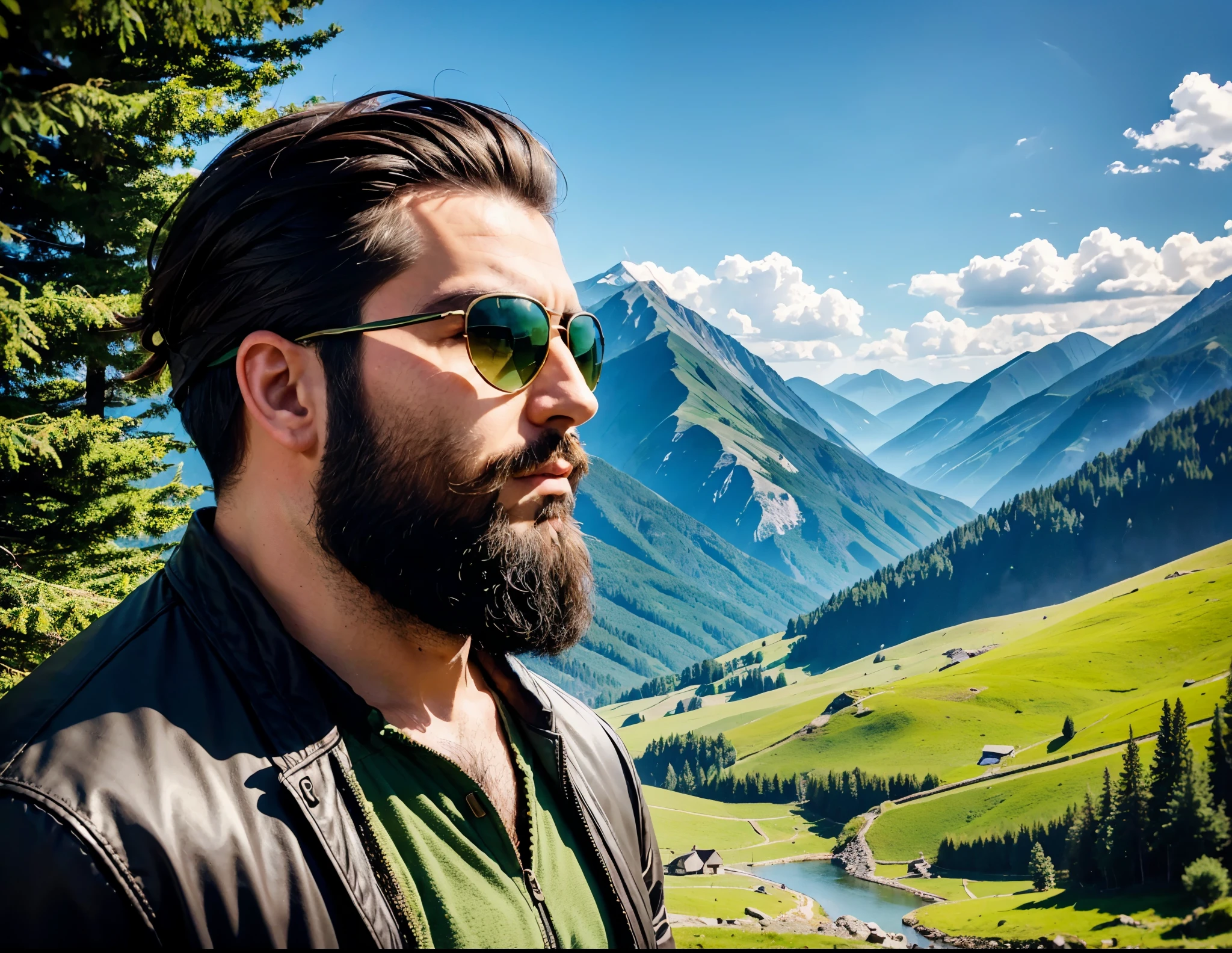 a casual profile photo,bearded man with sunglasses,green summer mountain landscape,romanian nationality,natural,ultrarealistic