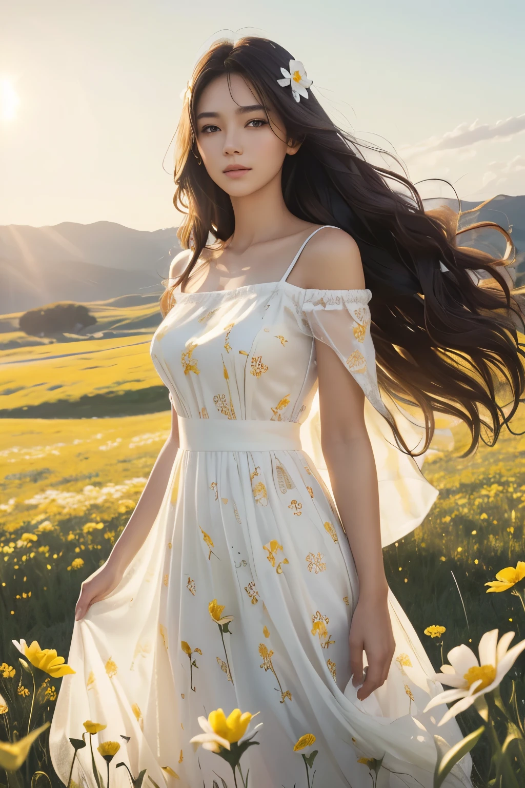 (Beautiful girl_One),(long hair_dark brown,bold waves),(pretty face_inexpressive,White skin,Clear and spotless),((Costume_pure white dress(yellow flower pattern)),(whole body_good proportions),(background_Vast grasslands_wildflower with unknown name),(background_dazzling sunlight behind the girl,Warm sunshine),(style_realistic,realistic details),(picture quality_high quality,8k),