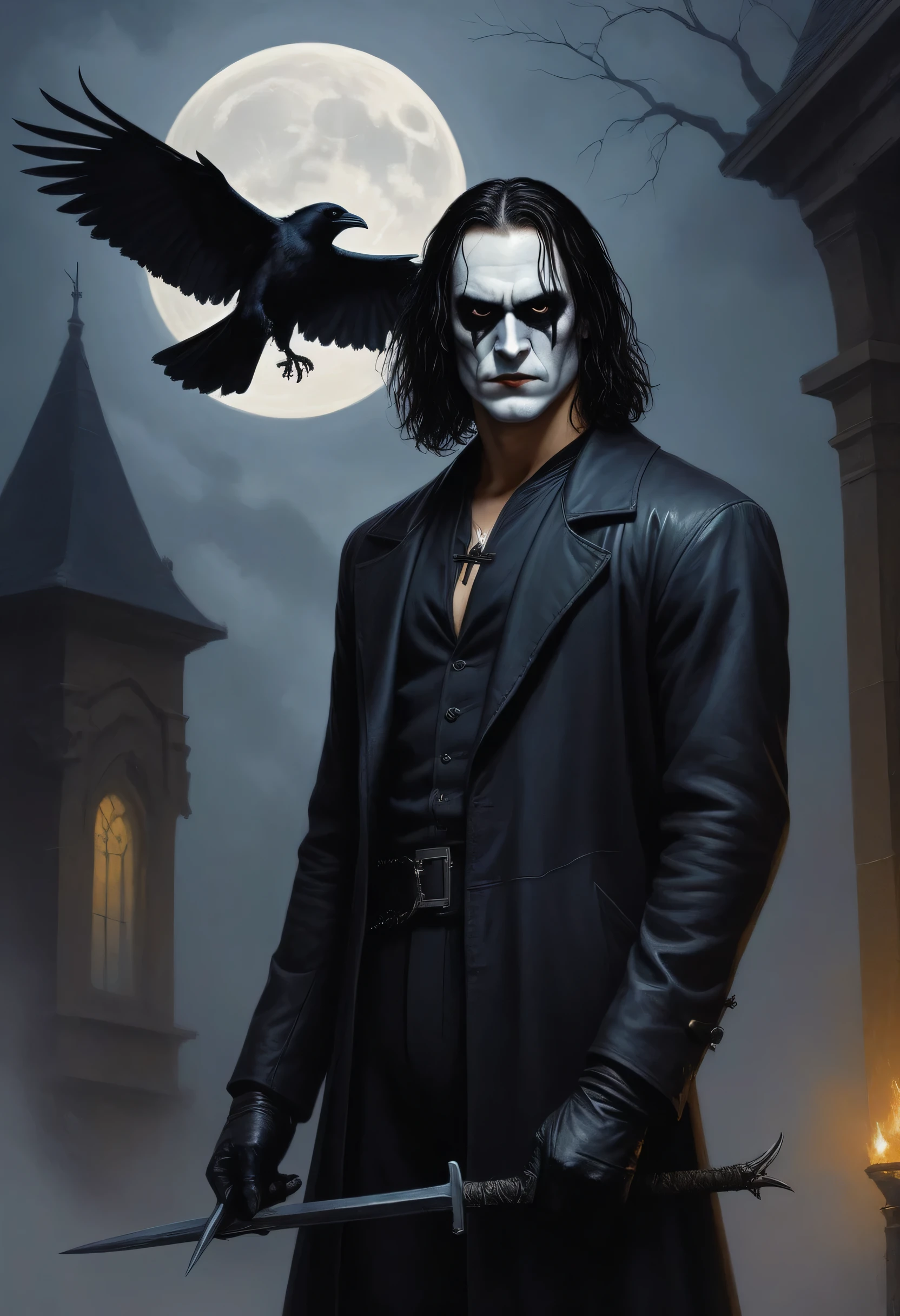 Brandon Lee as the crow. It's the year 1995, It's a dark, foggy night, the bright moon breaks through the fog and shines down on the dark figure of a man. His name is Eric Draven and he's the lead guitarist for a gothic heavy metal band called DEATH'S DOOR, dark, sinister, gothic, horror, fantasy - Hickory Dickory Dock, would you look at that lovely old clock - oil painting by Gerald Brom