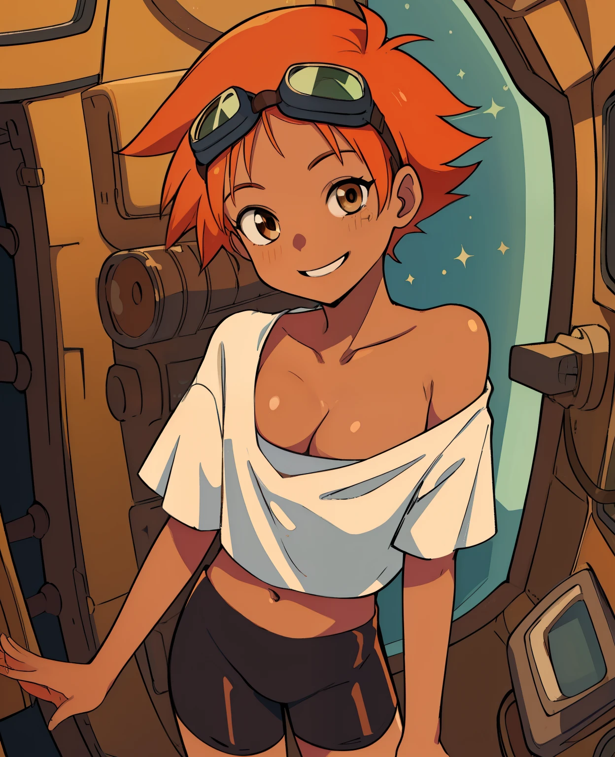 Edward,midriff,orange hair,white shirt,off shoulder,collarbone,tan skin, black bike shorts, (((goggles on forehead))) brown eyes, space station,engine room, smiling, sparkling eyes, breasts, cleavage (insanely detailed, beautiful detailed face, masterpiece, best quality),