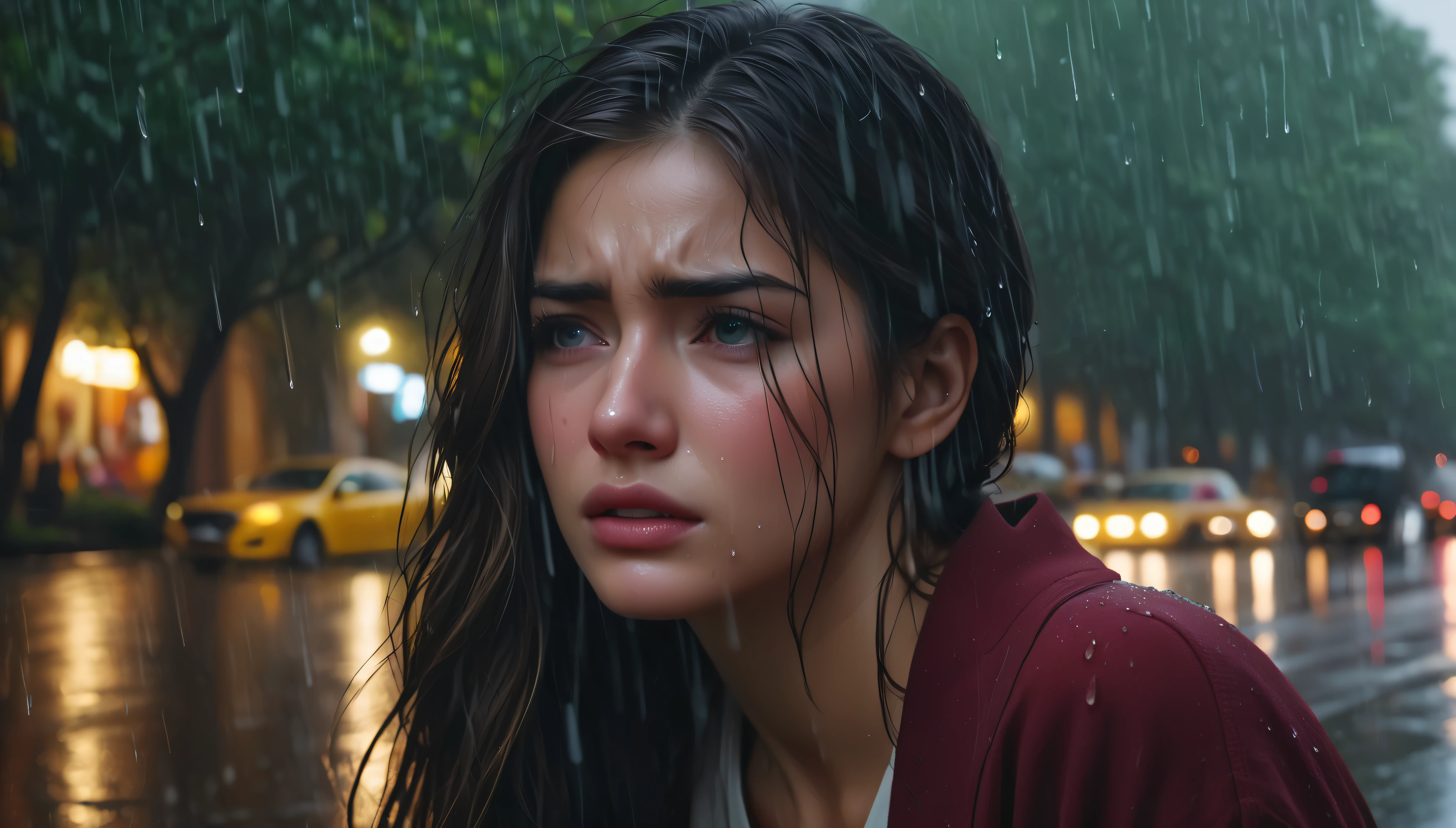 (Masterpiece in maximum 16K resolution:1.6), (intricate detail:1.4), (extremely insane detail:1.4),(highest quality:1.3),(Hyper_realistic:1.3). |beautiful crying supermodel in park,deep emotions,tears streaming down her face,soft raindrops,fresh greenery,glistening wet pavement,expressive eyes,pensive expression,sadness,delicate features,long flowing hair,wet clothes,ethereal atmosphere,misty atmosphere,moody lighting,dramatic composition,subtle shadows,emotionally charged,melancholic atmosphere,vibrant colors,subdued color palette,rainy day aesthetic,raw beauty,poignant moment,captivating composition,pain and vulnerability,contrast of beauty and sadness,raindrops tracing her eyelashes and cheeks,loneliness in the crowd,turning point in her life,persistent hope in her eyes. | ((She is crying):1.3),((perfect_pose):1.5), ((perfect_fingers, better_hands, perfect_hands, perfect_legs):0.7), (((More_Detail))).
