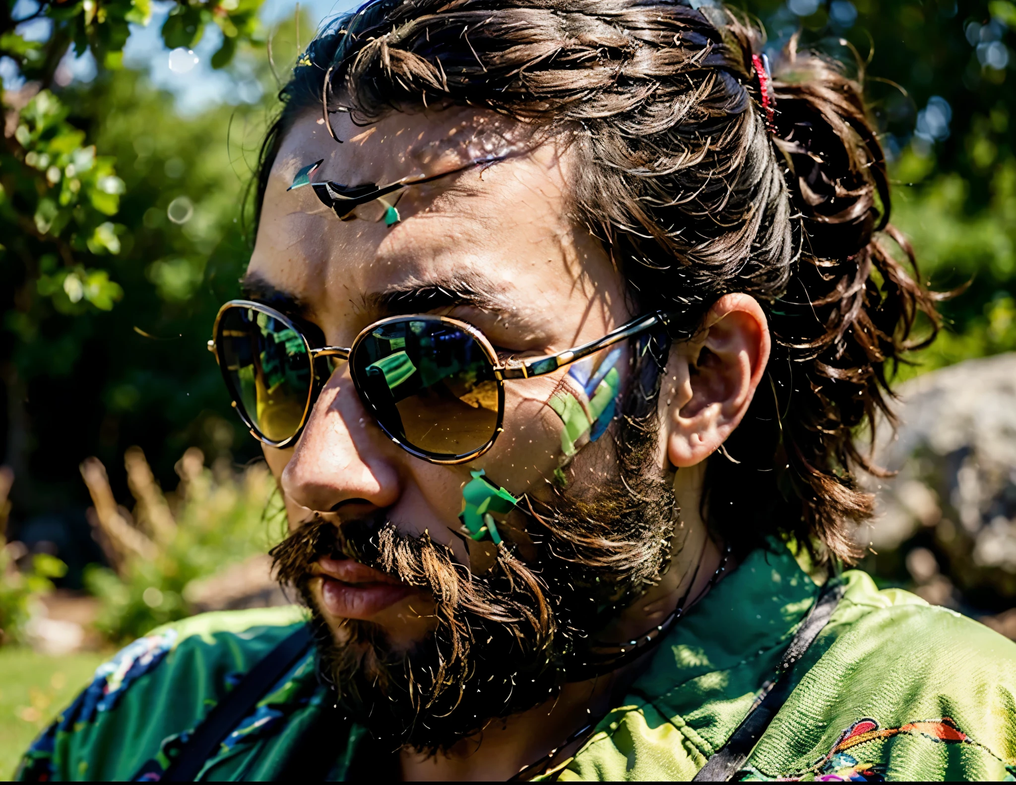 a casual profile photo,bearded man with sunglasses,green summer mountain landscape,half body,romanian nationality,natural,ultrarealistic,(best quality,4k,8k,highres,masterpiece:1.2),ultra-detailed,(realistic,photorealistic,photo-realistic:1.37),HDR,UHD,studio lighting,ultra-fine painting,sharp focus,physically-based rendering,extreme detail description,professional,vivid colors,bokeh,portraits,landscape
