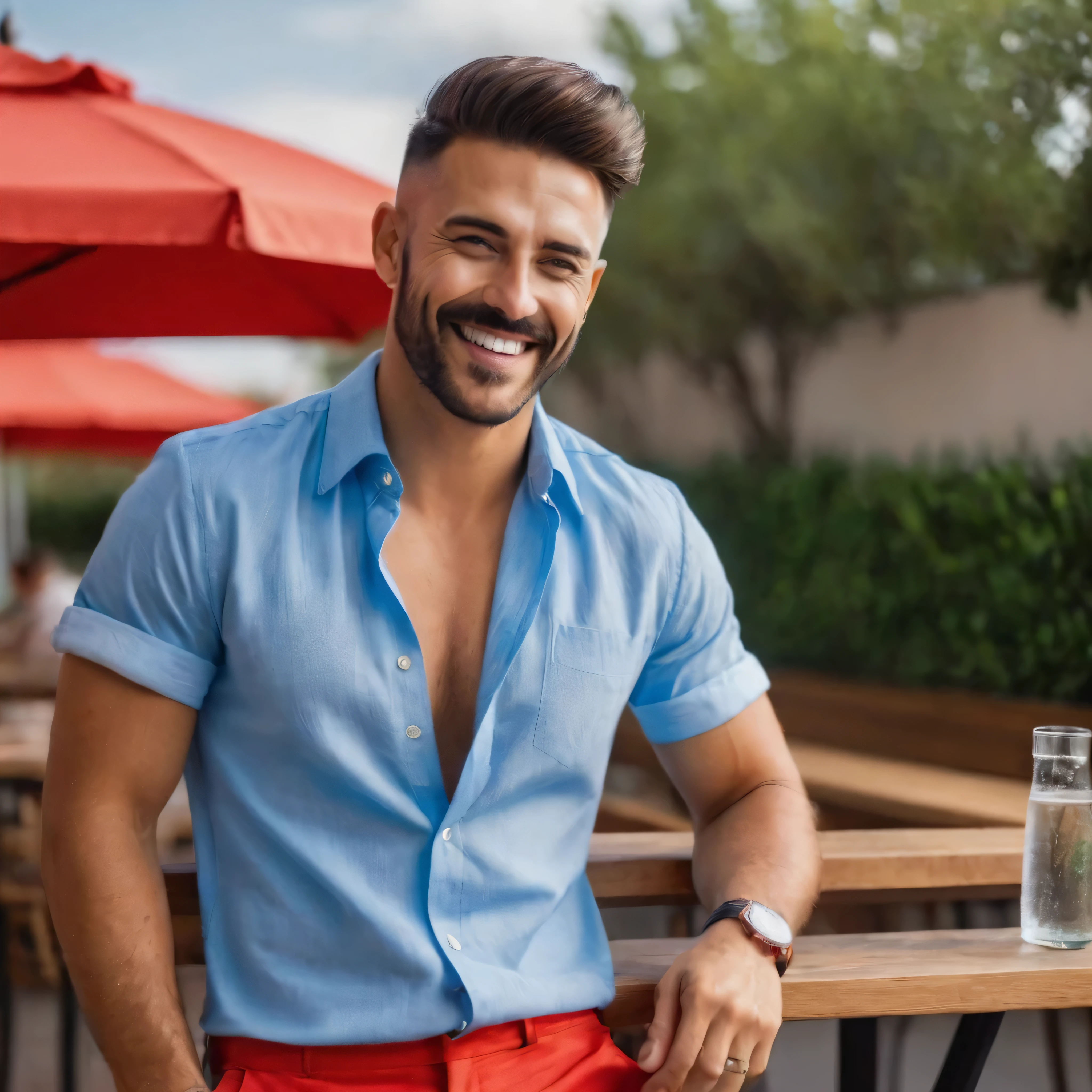 Hombre con pelo moreno cortado. pelo corto. Pelo rapado. Ojos marrones. Guapo. Varonil. Sonriendo mirando a camara. Cabeza inclinada hacia el pecho. Camisa roja. Pantalon azul. Deportivas blancas. Terraza de verano, bar, fot hiperrealista 