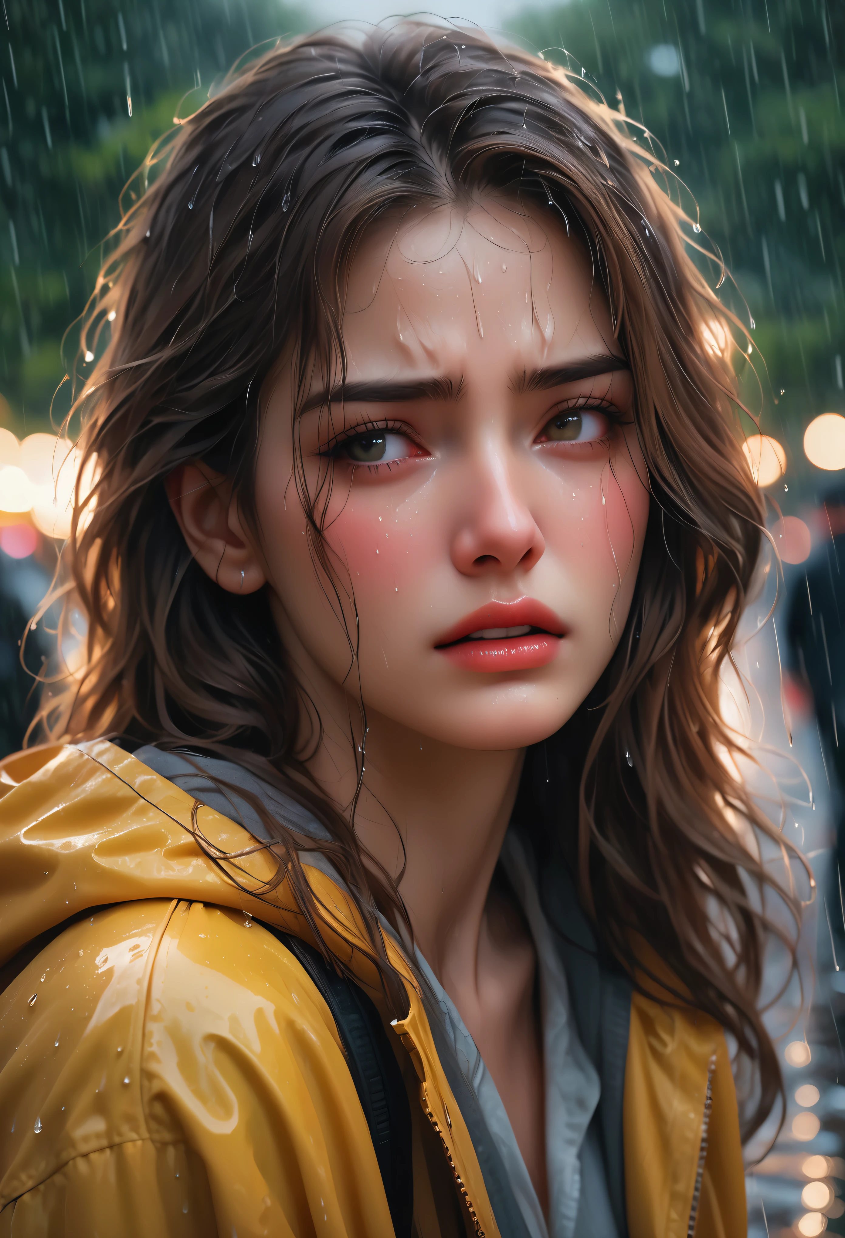 (Masterpiece in maximum 16K resolution:1.6), (intricate detail:1.4), (extremely insane detail:1.4),(highest quality:1.3),(Hyper_realistic:1.3). |beautiful crying supermodel in park,deep emotions,tears streaming down her face,soft raindrops,fresh greenery,glistening wet pavement,expressive eyes,pensive expression,sadness,delicate features,long flowing hair,wet clothes,ethereal atmosphere,misty atmosphere,moody lighting,dramatic composition,subtle shadows,emotionally charged,melancholic atmosphere,vibrant colors,subdued color palette,rainy day aesthetic,raw beauty,poignant moment,captivating composition,pain and vulnerability,contrast of beauty and sadness,raindrops tracing her eyelashes and cheeks,loneliness in the crowd,turning point in her life,persistent hope in her eyes.  | ((She is crying):1.3),((perfect_pose):1.5), ((perfect_fingers, better_hands, perfect_hands, perfect_legs):0.7), (((More_Detail))).