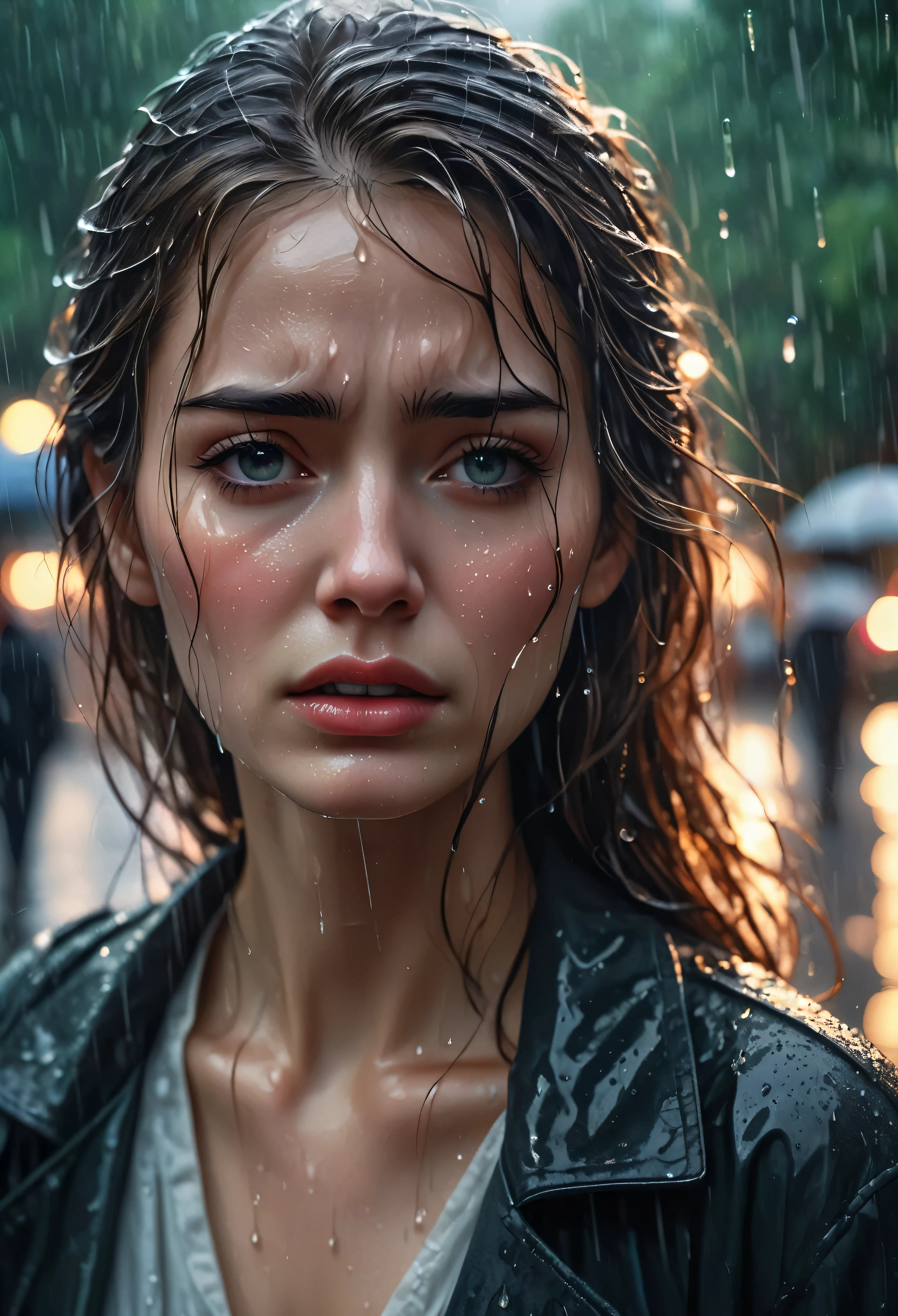 (Masterpiece in maximum 16K resolution:1.6), (intricate detail:1.4), (extremely insane detail:1.4),(highest quality:1.3),(Hyper_realistic:1.3). |beautiful crying supermodel in park,deep emotions,tears streaming down her face,soft raindrops,fresh greenery,glistening wet pavement,expressive eyes,pensive expression,sadness,delicate features,long flowing hair,wet clothes,ethereal atmosphere,misty atmosphere,moody lighting,dramatic composition,subtle shadows,emotionally charged,melancholic atmosphere,vibrant colors,subdued color palette,rainy day aesthetic,raw beauty,poignant moment,captivating composition,pain and vulnerability,contrast of beauty and sadness,raindrops tracing her eyelashes and cheeks,loneliness in the crowd,turning point in her life,persistent hope in her eyes.  | ((She is crying):1.3),((perfect_pose):1.5), ((perfect_fingers, better_hands, perfect_hands, perfect_legs):0.7), (((More_Detail))).