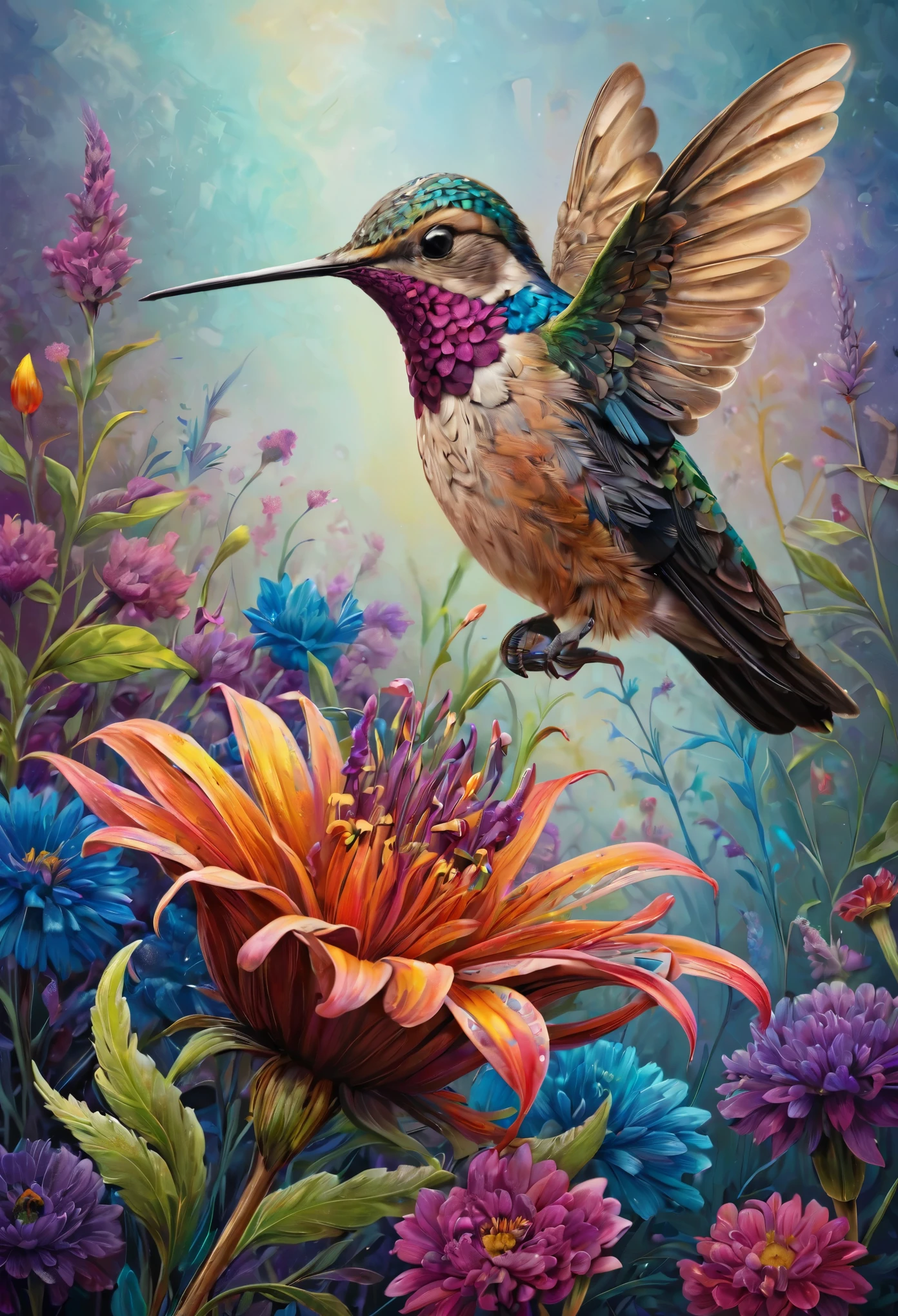 A hummingbird perched on a flower, its feathers adorned with vibrant colors, set against a natural background. The hummingbird is depicted with intricate details, bold colors, and high-definition quality, immersing viewers in the scene.
