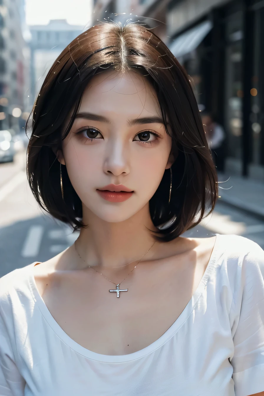 highest quality、8K、masterpiece：1.3))、sharp focus：1.2、beautiful woman with perfect style：1.4、Tit wearing a white mask：1.2))、(white t-shirt:1.1)、street:1.2、Highly detailed face and skin texture、detailed eye、double eyelid、black hair、ear piercing、necklace around neck、look at the camera、