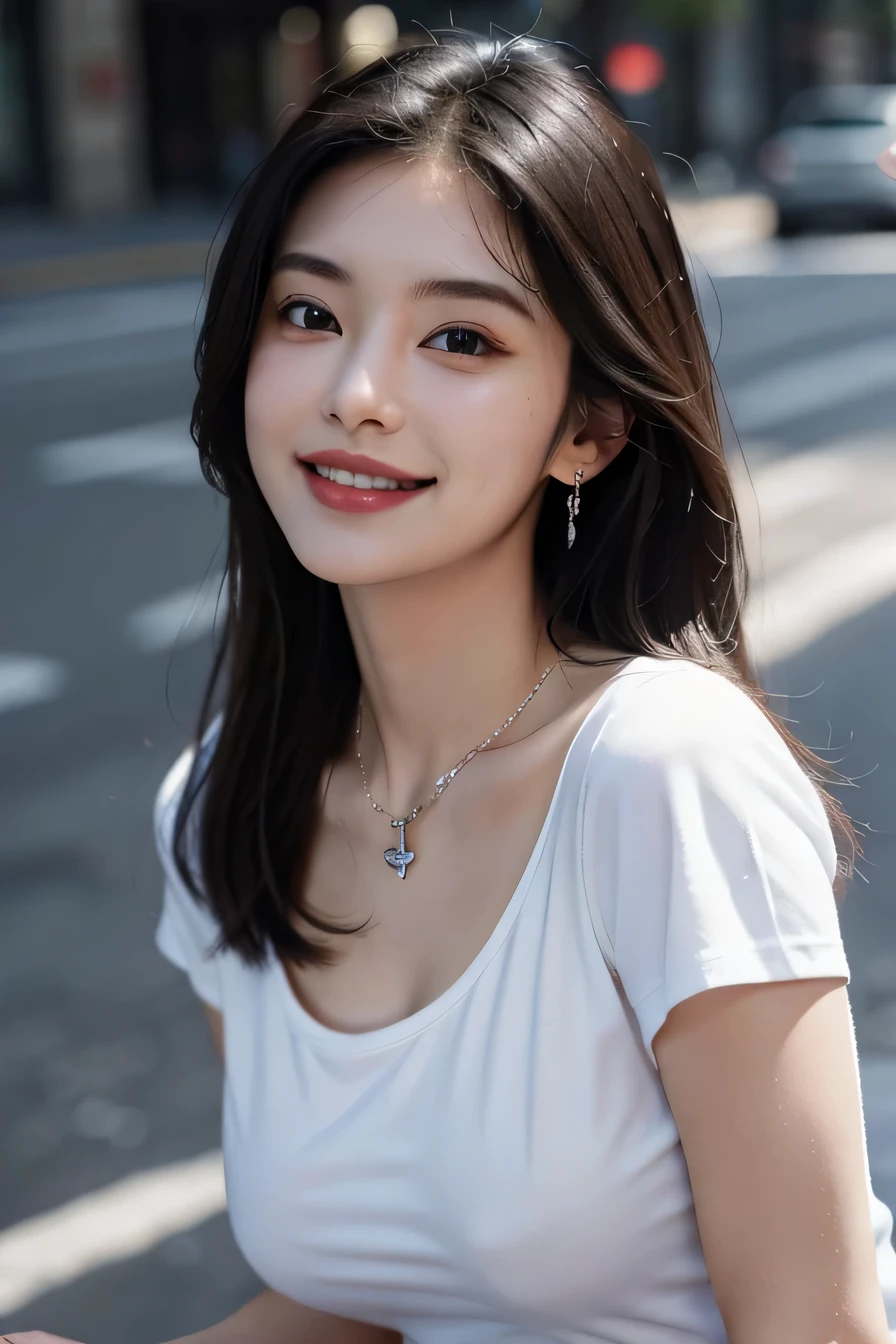 highest quality、8K、masterpiece:1.3))、sharp focus:1.2、beautiful woman with perfect style:1.4、Please wear a white mask(huge tit:1.2))、(white t-shirt:1.1)、street:1.2、Highly detailed face and skin texture、detailed eye、double eyelid、black hair、look at the camera、necklace around neck、ear piercing、smile