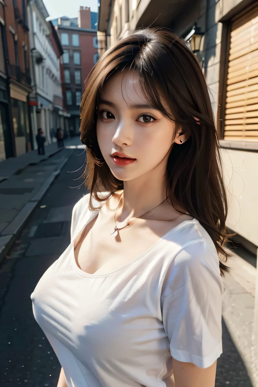 highest quality、8K、masterpiece：1.3))、sharp focus：1.2、beautiful woman with perfect style：1.4、Please wear a white mask((dark brown hair、huge tit：1.2))、(white t-shirt:1.1)、street:1.2、Highly detailed face and skin texture、detailed eye、double eyelid、necklace around neck、ear piercing