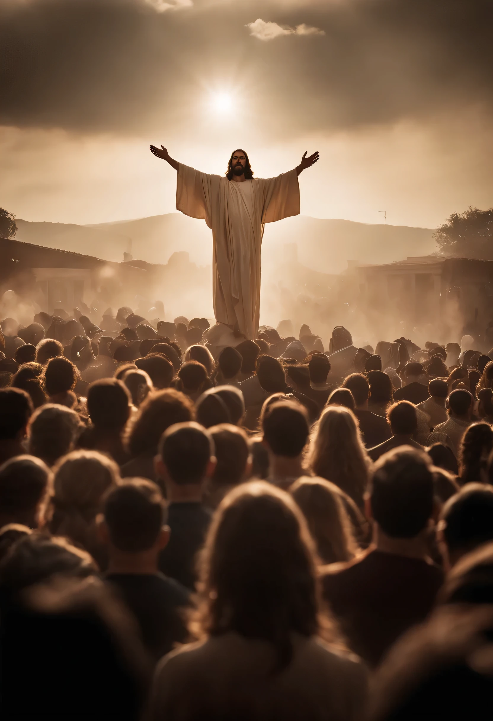 Jesus Christ flying over the crowd with open arms. over your head, uma forte luz que representa a paz divina.