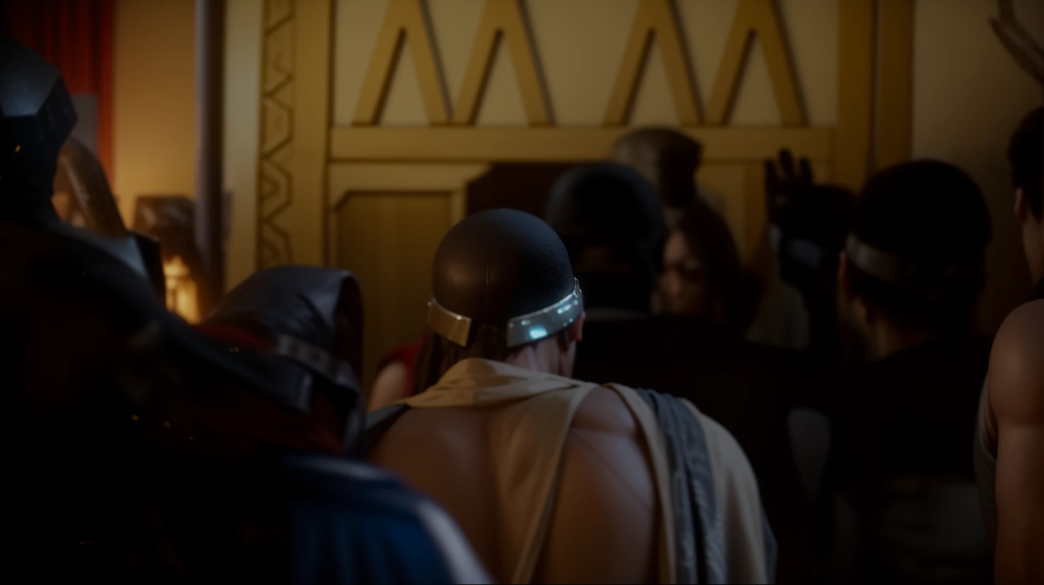 a close-up of a person in costume in front of a crowd, captura de tela do filme, membros da tribo atacando, he has his back, underwater temple dance scene, epic scene from the Marvel movie, na captura de tela do filme 300, Snoop Dogg as a barbarian, nesta cena sinistra, celebrando um rei sendo coroado, korg de Thor como soldado