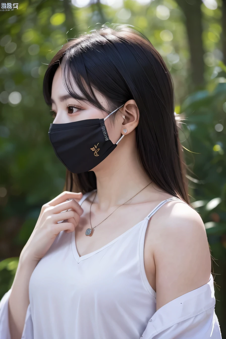 8K, highest quality, masterpiece, ultra high resolution, (realistic: 1.4), Raw photo, realistic skin texture, (film grain: 1.3), 1 girl, Beautifully detailed eyes and face, masterpiece, highest quality, Upper body, japanese idol, Fair skin, mask, natural blurred background, close, Other shots, big, front photo, hide your face on your phone, Face covered, Wearing a mask, profile、black hair、necklace around neck、