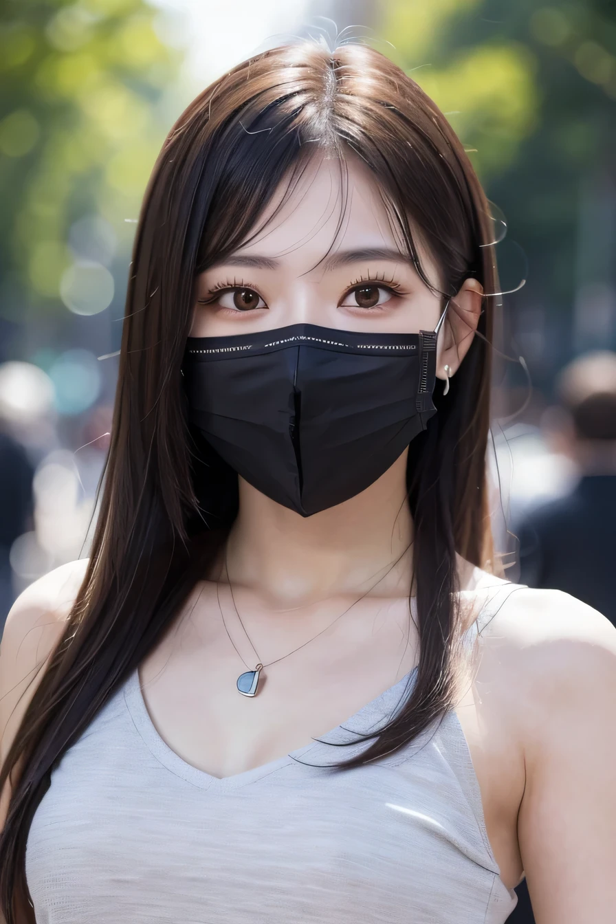 8K, highest quality, masterpiece, ultra high resolution, (realistic: 1.4), Raw photo, realistic skin texture, (film grain: 1.3), 1 girl, Beautifully detailed eyes and face, masterpiece, highest quality, Upper body, japanese idol, Fair skin, mask, natural blurred background, close, Other shots, big, front photo, hide your face on your phone, Face covered, Wearing a mask, look at the camera、necklace around neck、ear piercing、black hair