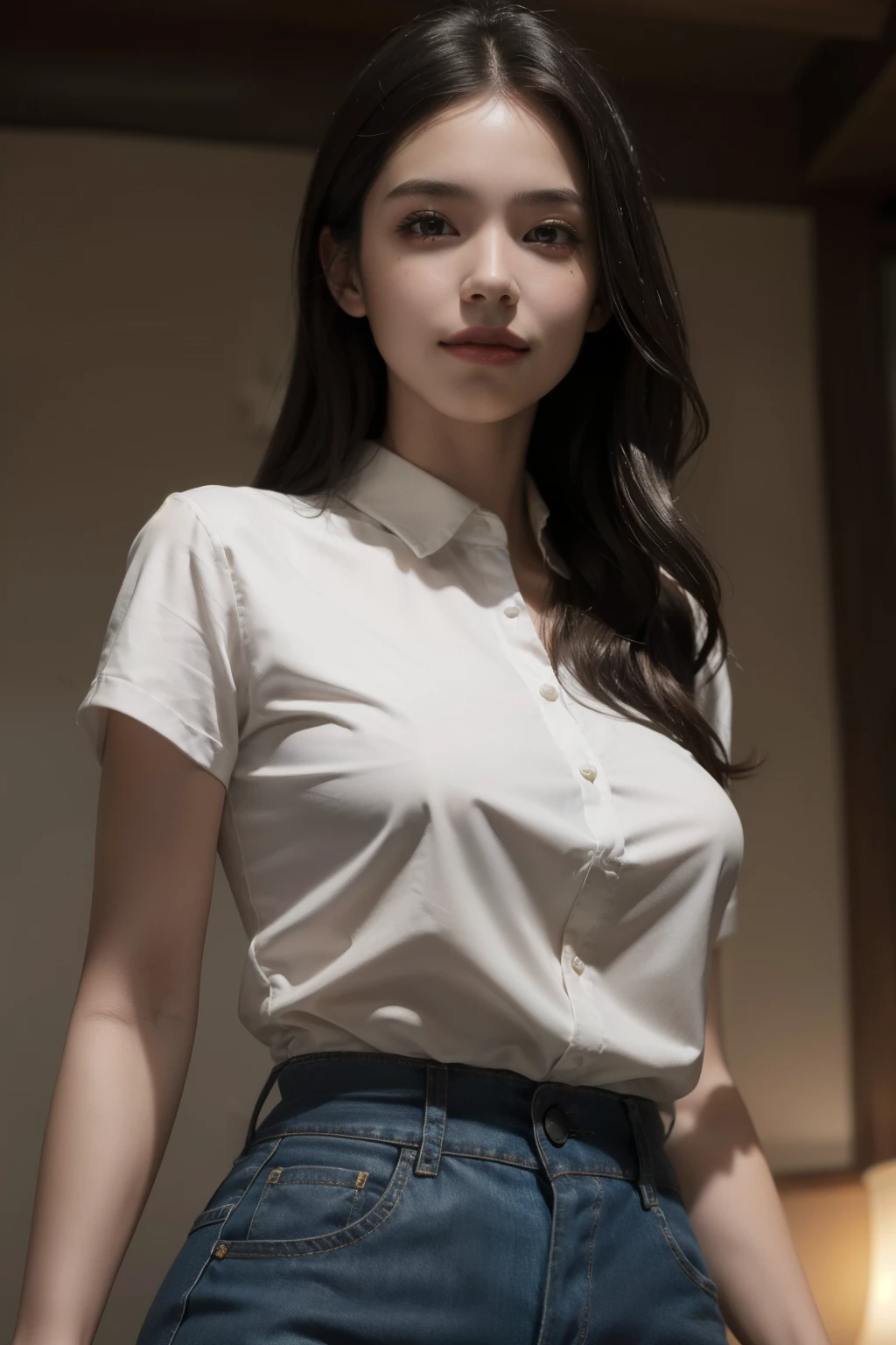 best quality, masterpiece, (photorealistic:1.4), 1girl, light smile, shirt with collars, waist up, dramatic lighting, from below