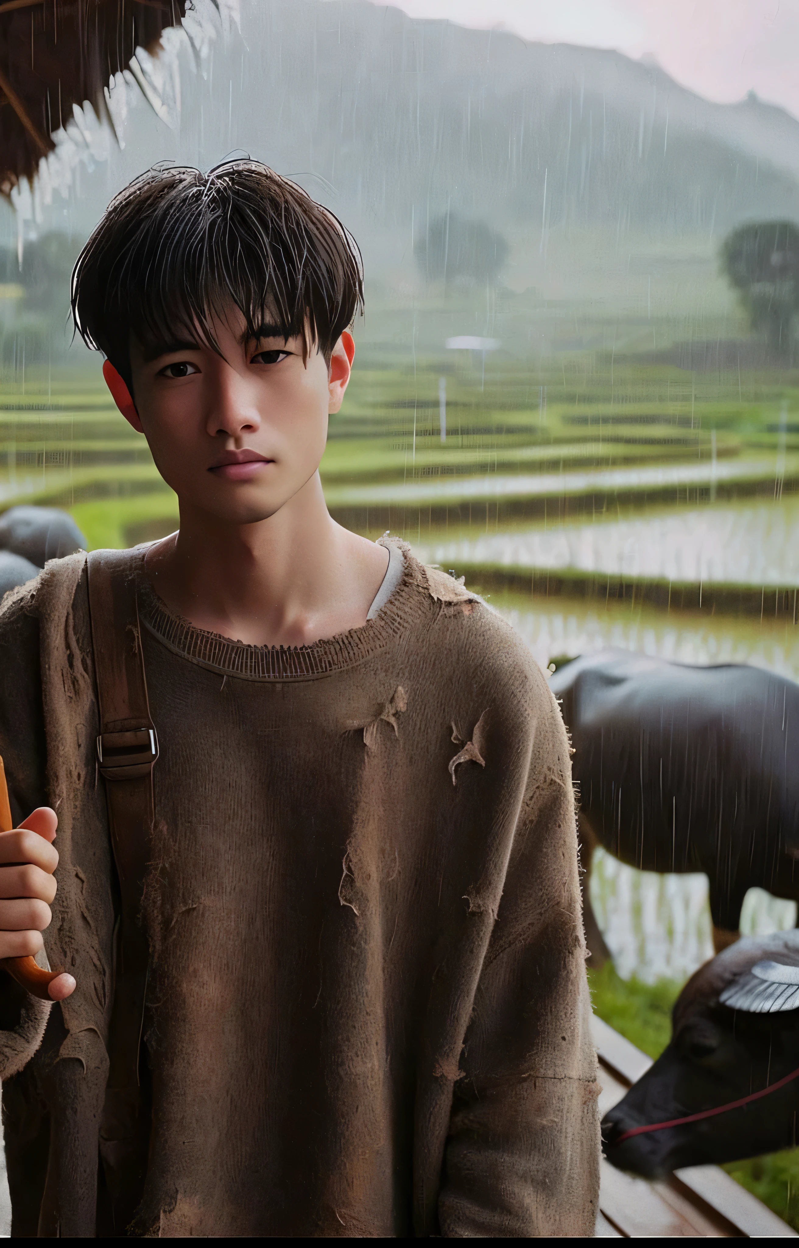full body, wide shot, cinematic portrait of an 18 year old Asian Korean man, with short straight hair parted in the middle wearing a dirty sweater, black jeans boots, feeding buffalo carrying a white plastic umbrella during heavy rain with grass in the rice fields wooden view with bokeh background with green grasslands, trees and mountains Viewed from a long distance realistic shot, low angle shooting, real face free looking at 4k hd camera