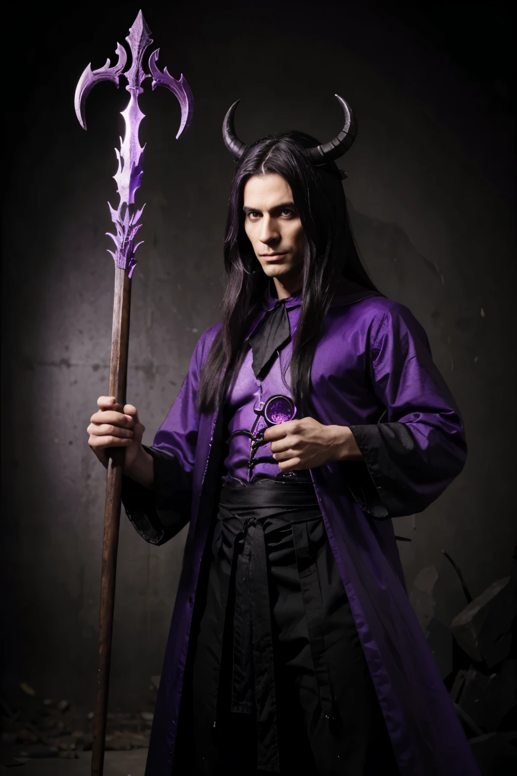 demon, mago, holding black and purple magic staff, manto