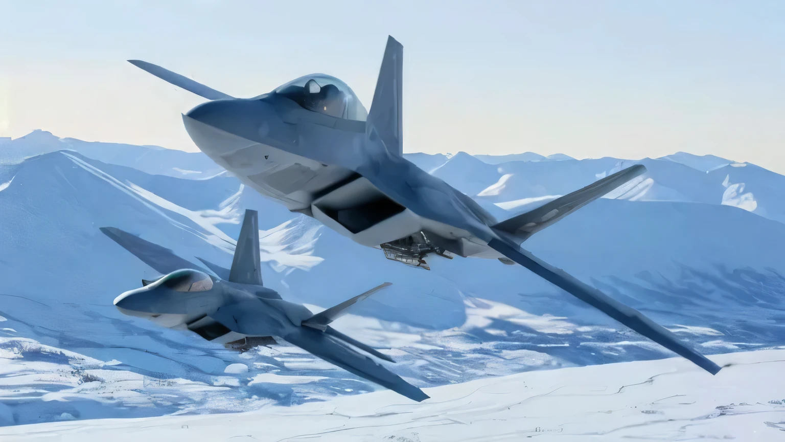 two fighter jets flying in the sky over a snowy mountain range, fighter jets, hight focus f - 2 2, f / 2 2, f/22, f22 crisp focus, f-22, jet fighters, f 2 2, f22, fighter drones, full f/22, ace combat, us airforce