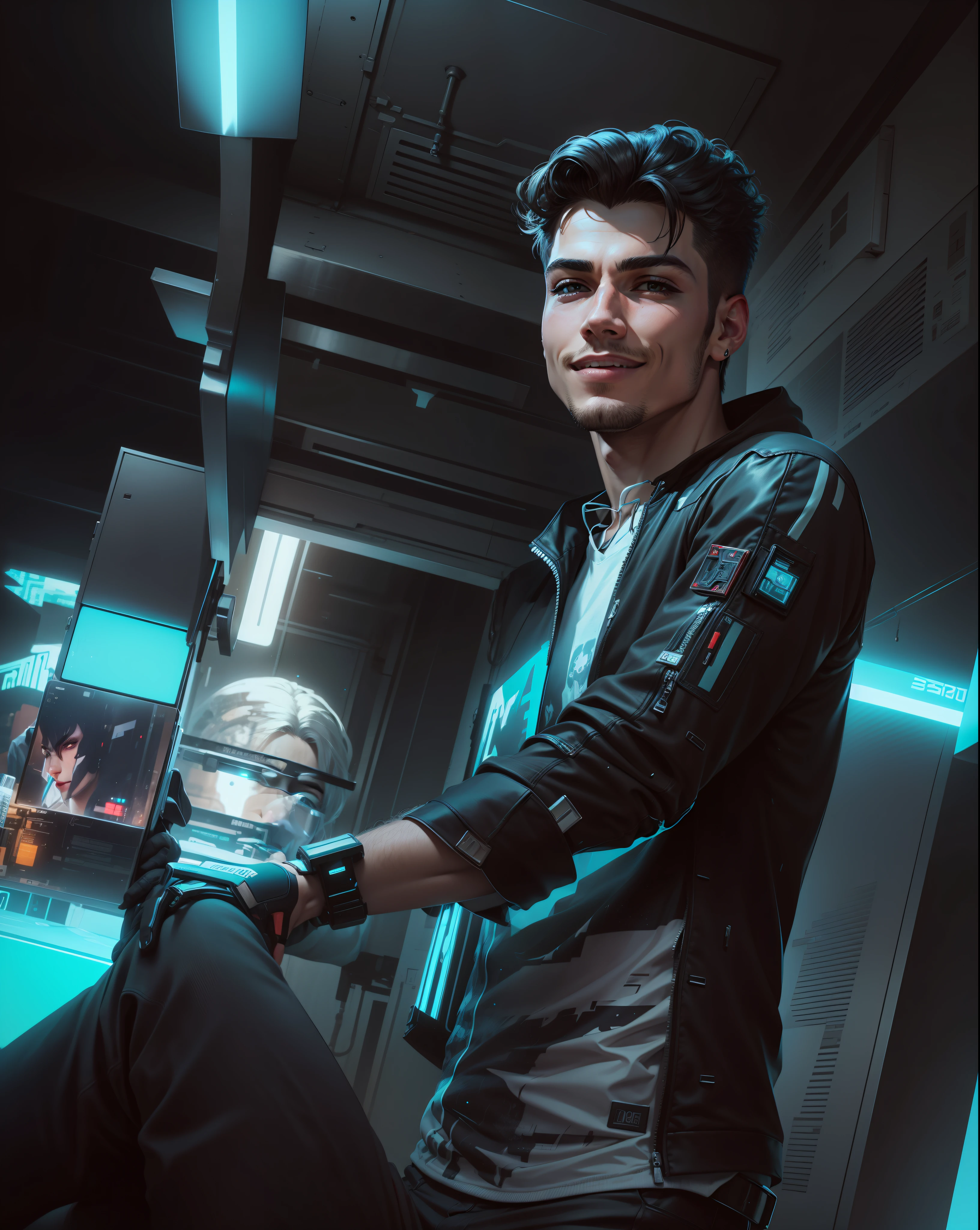 Change background cyberpunk handsome boy with lip smile , realistic face, 8k ultra realistic