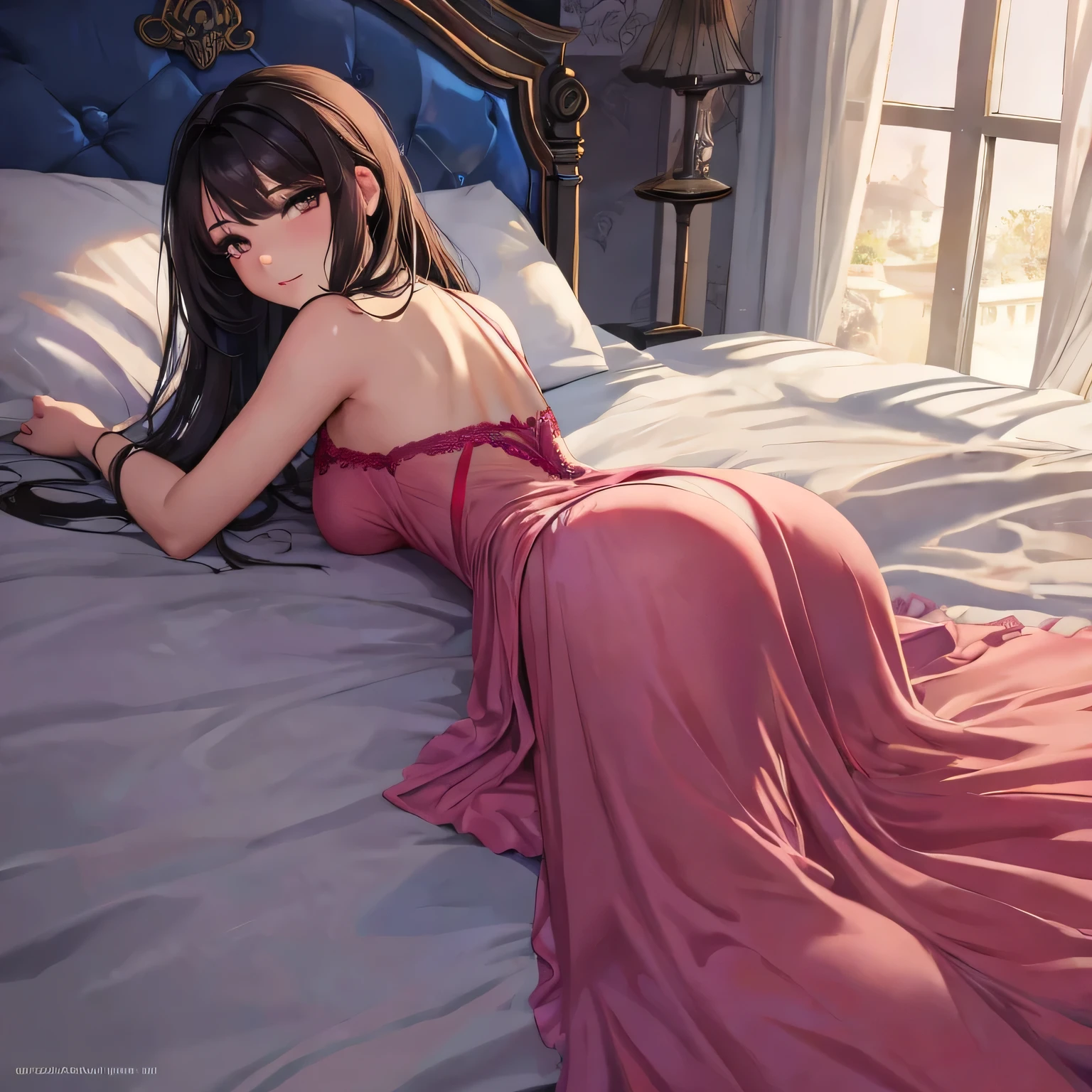 1girl, see her ass,(bright lighting,romantic setting),dreamy background,,dark hair, mesmerizing gaze, , soft skin, alluring beauty, artistic portrait, high-quality image, vibrant colors,long silk gown, mosquito net, lying down, romantic bedroom, cartoon