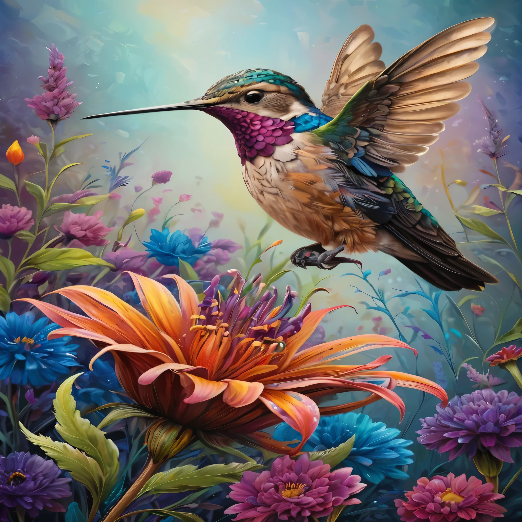 A hummingbird perched on a flower, its feathers adorned with vibrant colors, set against a natural background. The hummingbird is depicted with intricate details, bold colors, and high-definition quality, immersing viewers in the scene.
