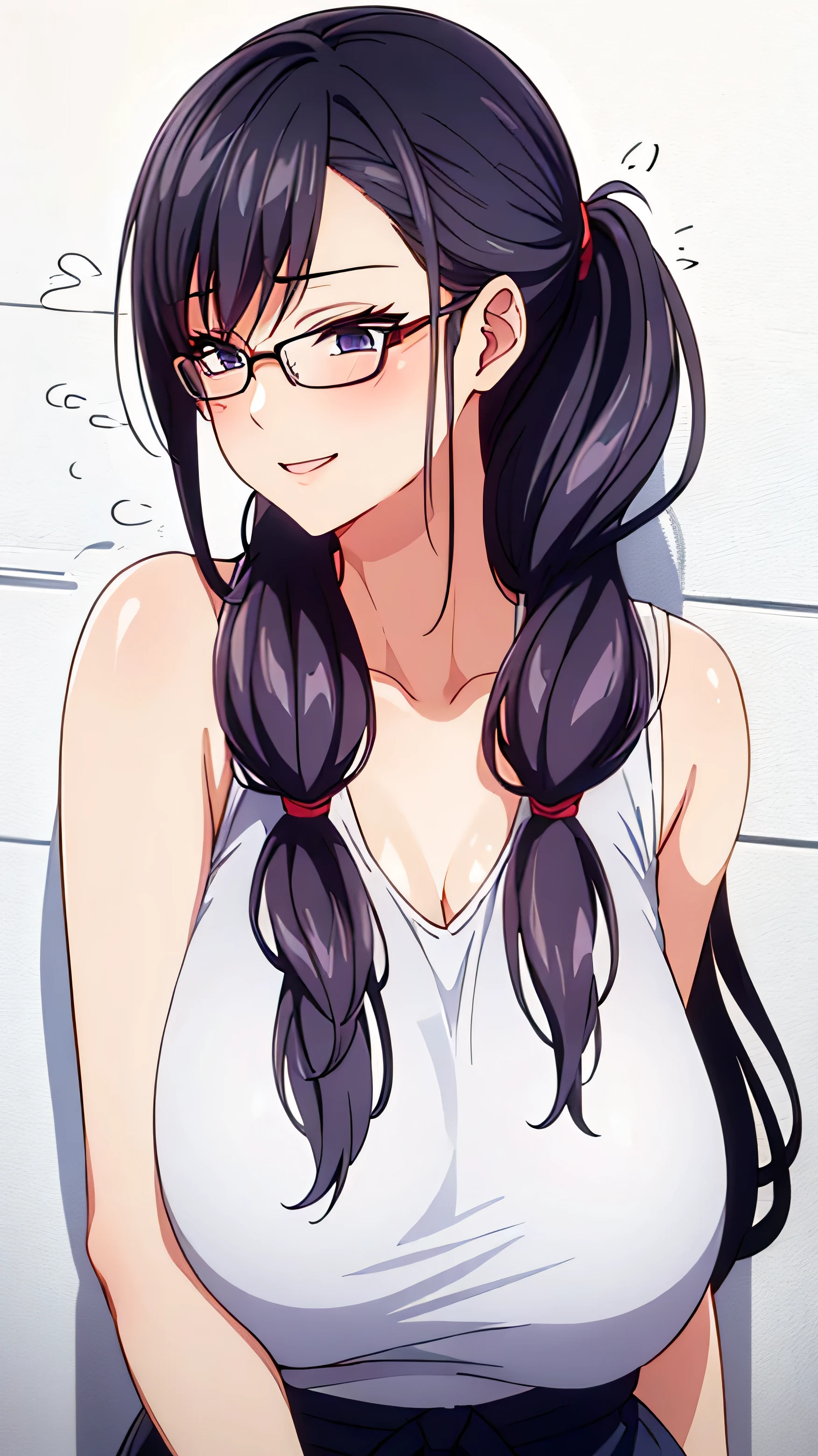 1 milf, ponytail hair, smiling, wearing a white tank top, wearing glasses, peeking out from behind the wall, white background, detail 8k, ahegao, on body