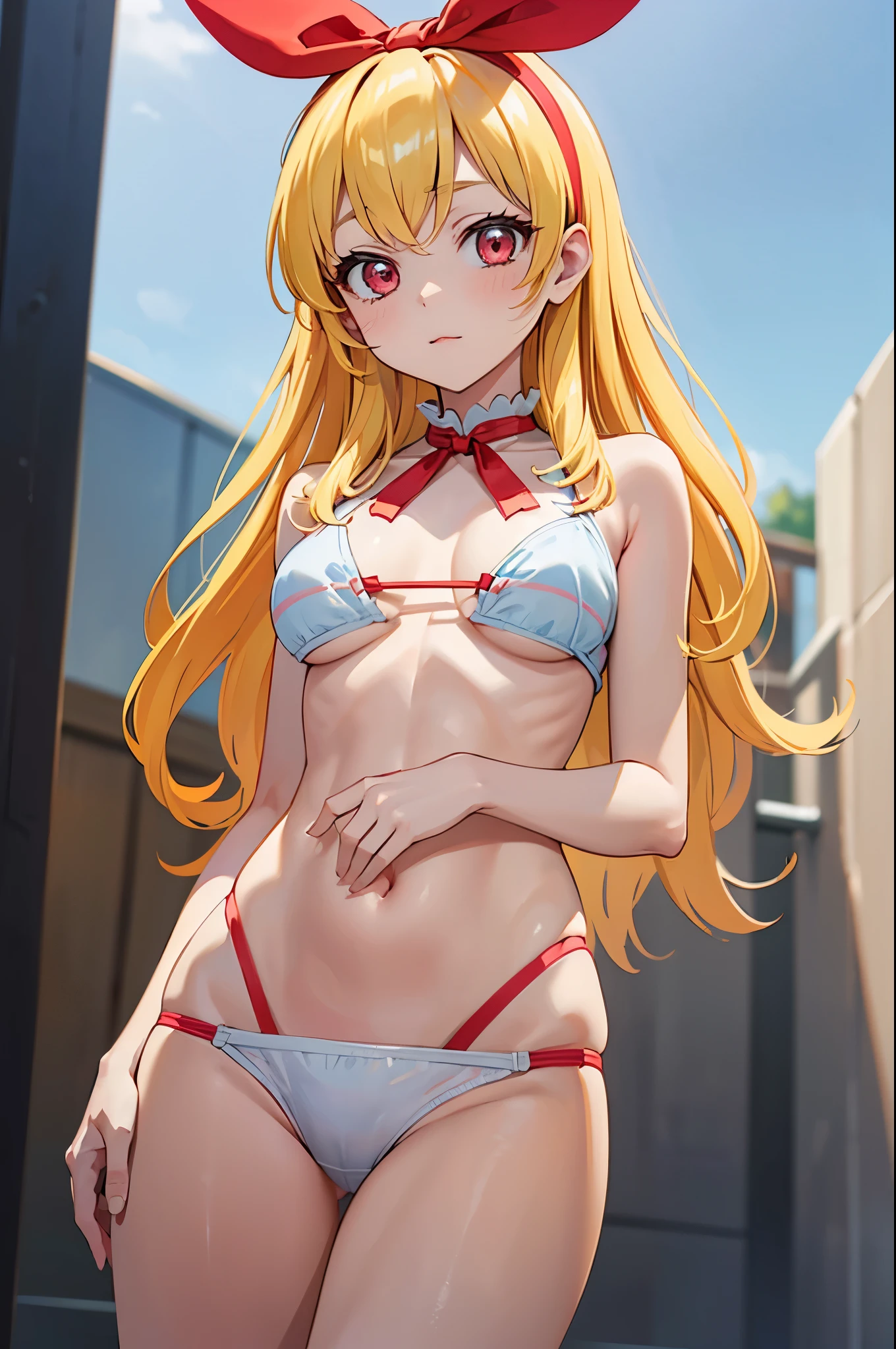 (RED Ribbon on HAIRband:1.2),Blonde_HAIR,(masterpiece, best quality), (bishoujo:1.3), 1girl, ((looking_at_viewer)), depth of field,random clothes,(pointy_groin,underboob,from below)