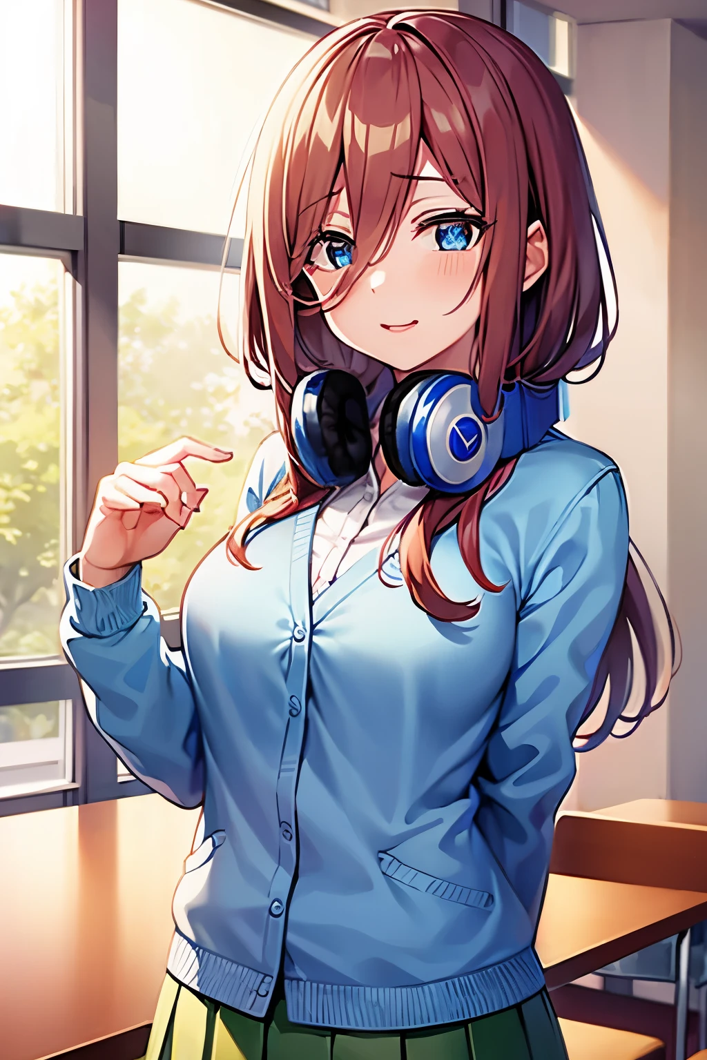mikunakano, miku nakano, long hair, bangs, blue eyes, brown hair, shirt, hair between eyes, headphones, cardigan, headphones around neck,
BREAK skirt, shirt, long sleeves, white shirt, pantyhose, pleated skirt, black pantyhose, cardigan, green skirt, blue cardigan,
BREAK indoors, classroom,
BREAK looking at viewer, BREAK (masterpiece:1.2), best quality, high resolution, unity 8k wallpaper, (illustration:0.8), (beautiful detailed eyes:1.6), extremely detailed face, perfect lighting, extremely detailed CG, (perfect hands, perfect anatomy),