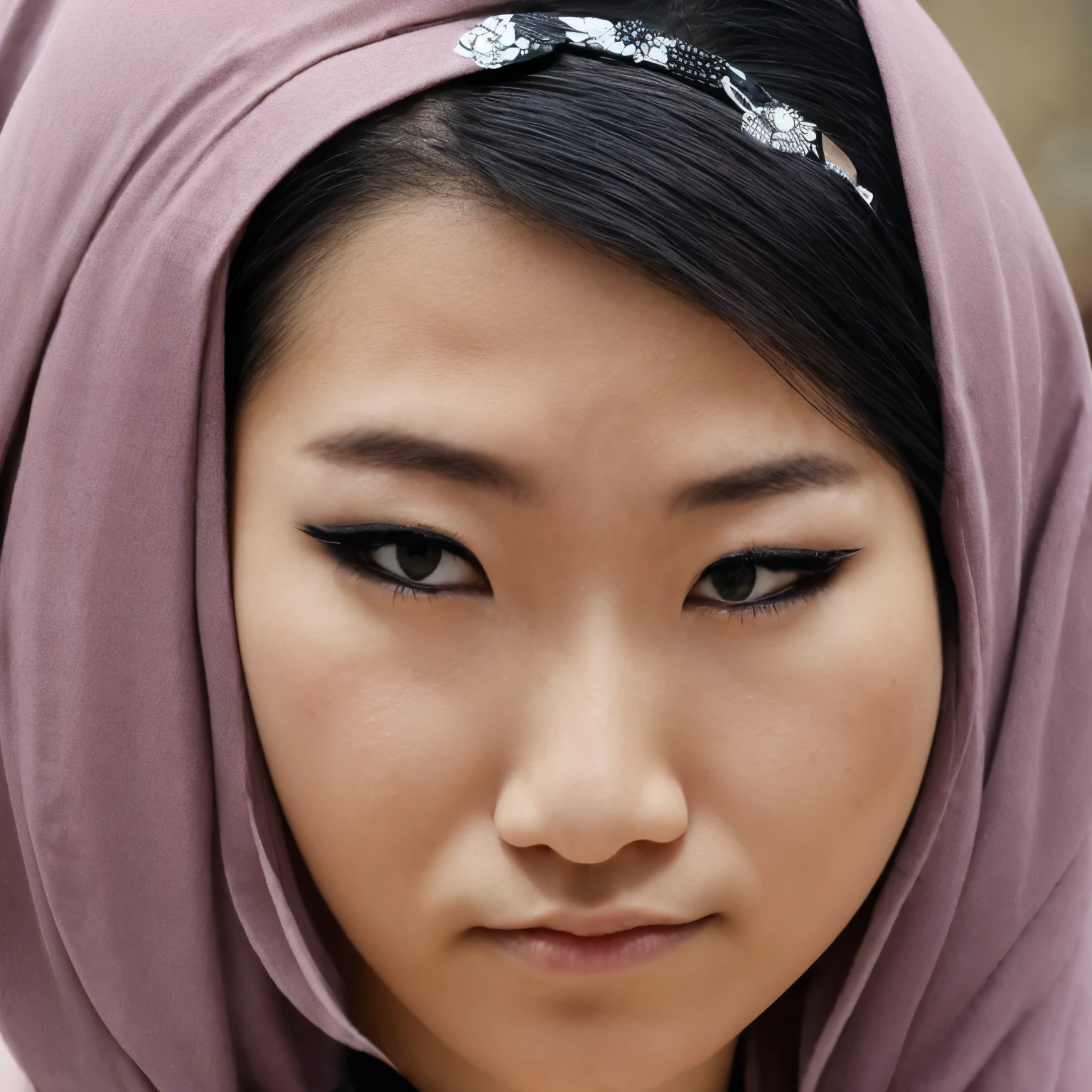 Mujer mitad japonesa mitad estadunidense. Piel clara, Brown eyes, labios color rosa, cabello largo, broken brown color almost pink. Vestido de princesa negro de tirantes, black feather wristbands