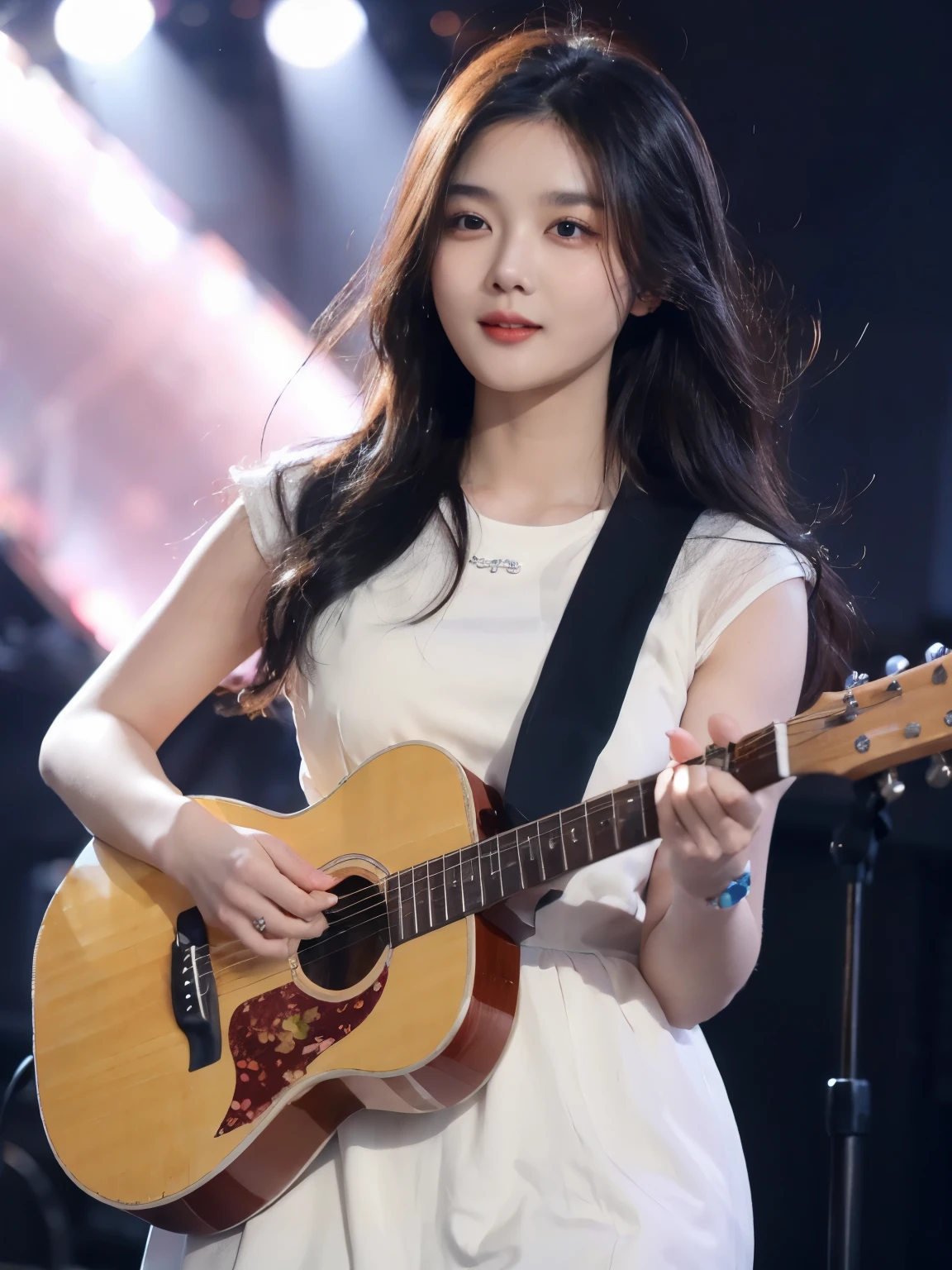 Beautiful Korean woman with round face, Watch music at a concert, concert stage background, Watch a man play music, Be a spectator