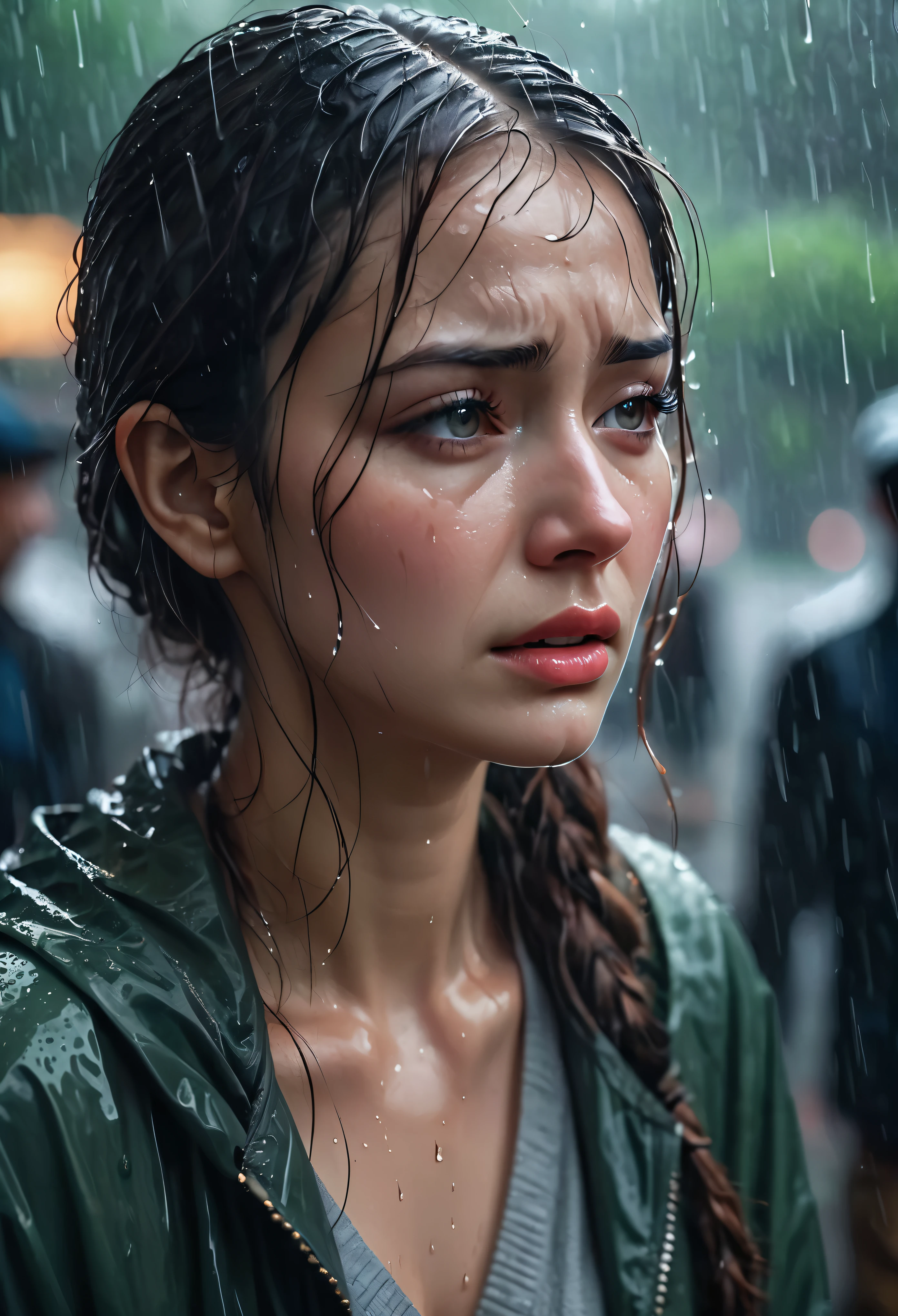 (Masterpiece in maximum 16K resolution:1.6), (intricate detail:1.4), (extremely insane detail:1.4),(highest quality:1.3),(Hyper_realistic:1.3). |beautiful crying supermodel in park,deep emotions,tears streaming down her face,soft raindrops,fresh greenery,glistening wet pavement,expressive eyes,pensive expression,sadness,delicate features,long flowing hair,wet clothes,ethereal atmosphere,misty atmosphere,moody lighting,dramatic composition,subtle shadows,emotionally charged,melancholic atmosphere,vibrant colors,subdued color palette,rainy day aesthetic,raw beauty,poignant moment,captivating composition,pain and vulnerability,contrast of beauty and sadness,raindrops tracing her eyelashes and cheeks,loneliness in the crowd,turning point in her life,persistent hope in her eyes. | ((She is crying):1.3),((perfect_pose):1.5), ((perfect_fingers, better_hands, perfect_hands, perfect_legs):0.7), (((More_Detail))).