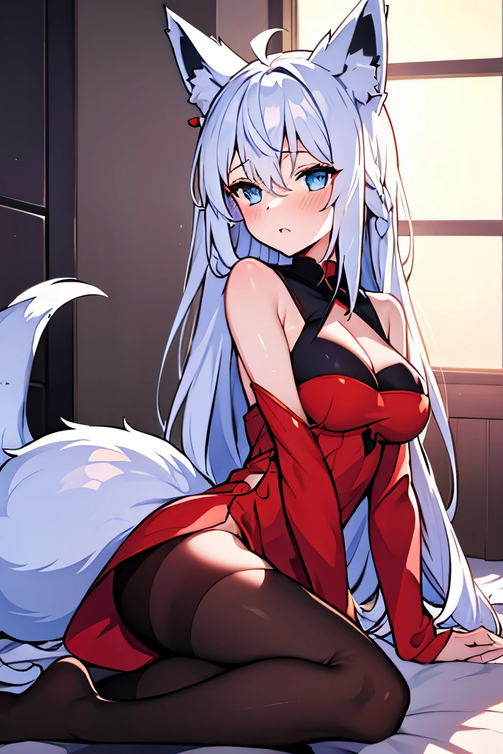 girl, animal ears, fox ears, tail, long hair, fox tail, blue eyes, red dress, black tights, slight blush