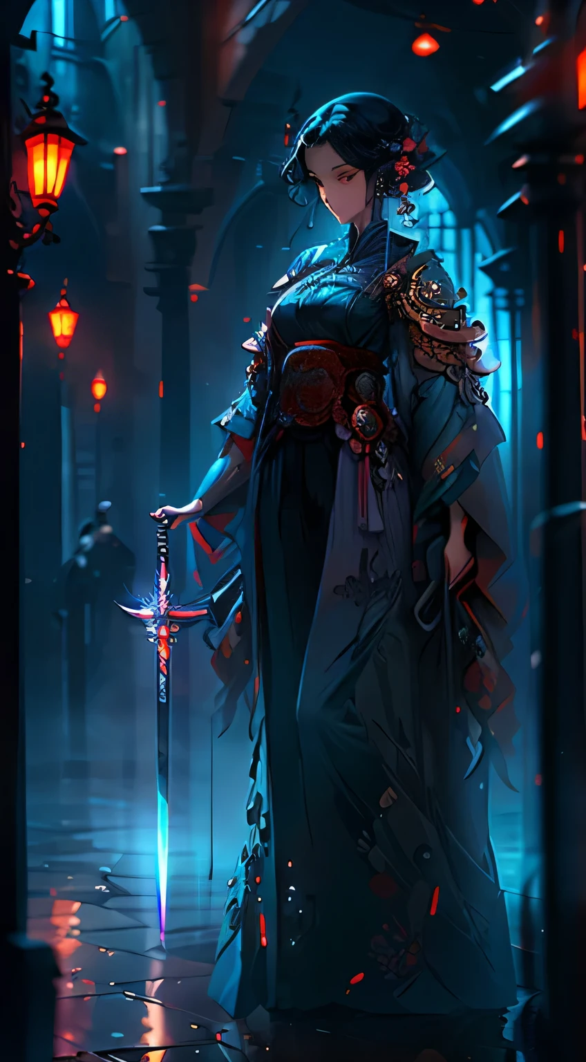 Japanese anime style. woman. middle ages. Europe. fantasy. skirt. sword. Are standing. Whole body. from below.  
