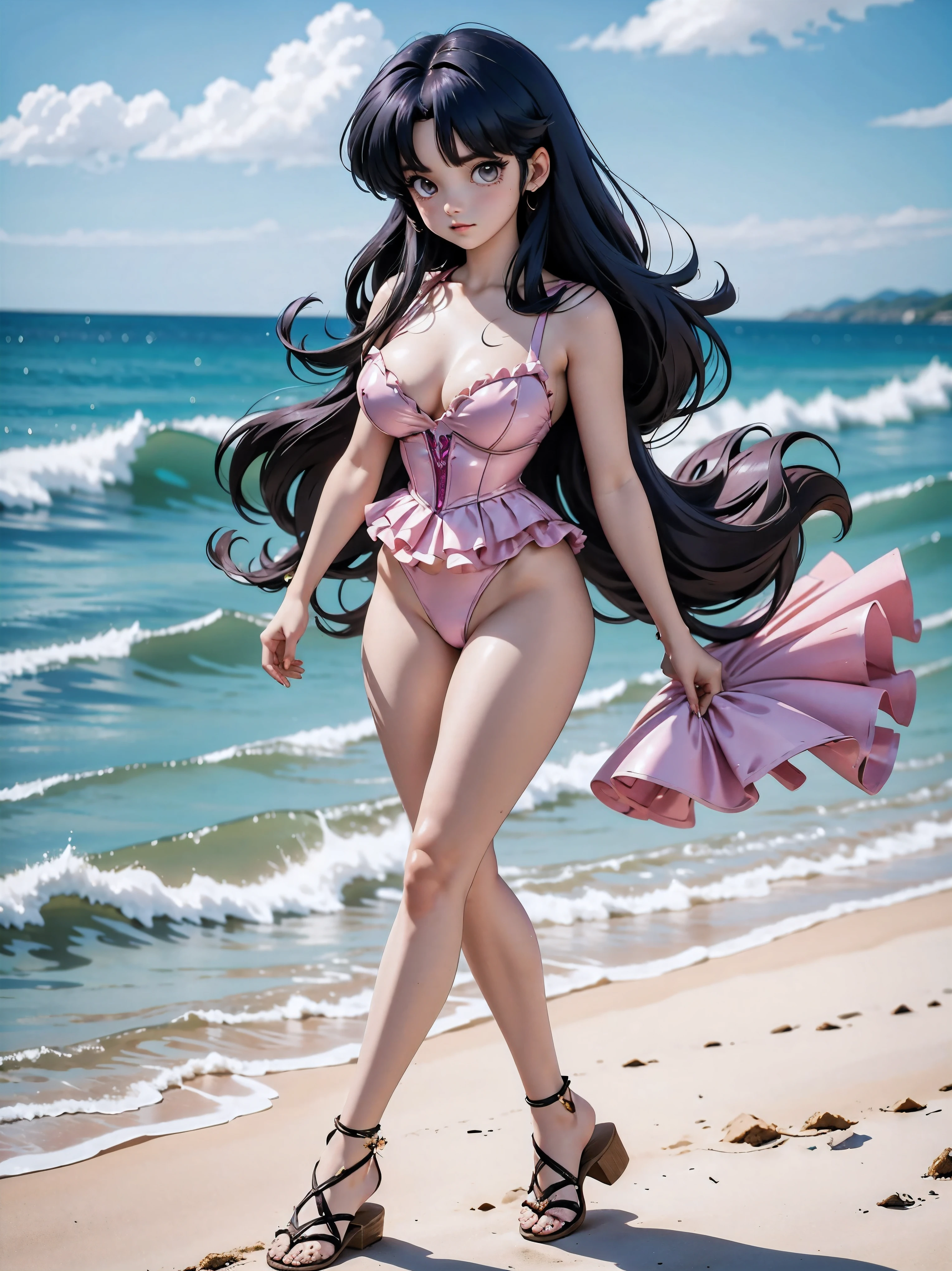 Dark hair anime girl with pink swimsuit and corset, , corpo bonito, seios grandes, com as hands on chest, hands on chest, Garota sexy, purple cabelo, mechas de cabelo laterais, mechas de cabelo na lateral do rosto, beautiful lighting, sombras suaves, olhos azuis, pernas bonitas, cabelo curto, estilo anime, personagem Akane Tendo, Autora Rumiko Takahashi, Baseado em obra de Rumiko Takahashi, Anime Ranma 1/ 2, decote sexy, quadril robusto, corpo inteiro, corpo inteiro, busto grande, garota jovem com corpo belo e bonito, sandals on his feet, garota 16 anos usando maiô e corset pink, garota anime, estilo anime, beautiful feet in sandals, 45° viewing angle, ao ar livre, peito grande, seios bonitos, cabelo preto, sandals on the feet, pernas bonitas, sexy, belas pernas, Sandalias, seios grandes, corpo completo, corpo inteiro, feet with sandals, realistic anime, saia, saia purple
