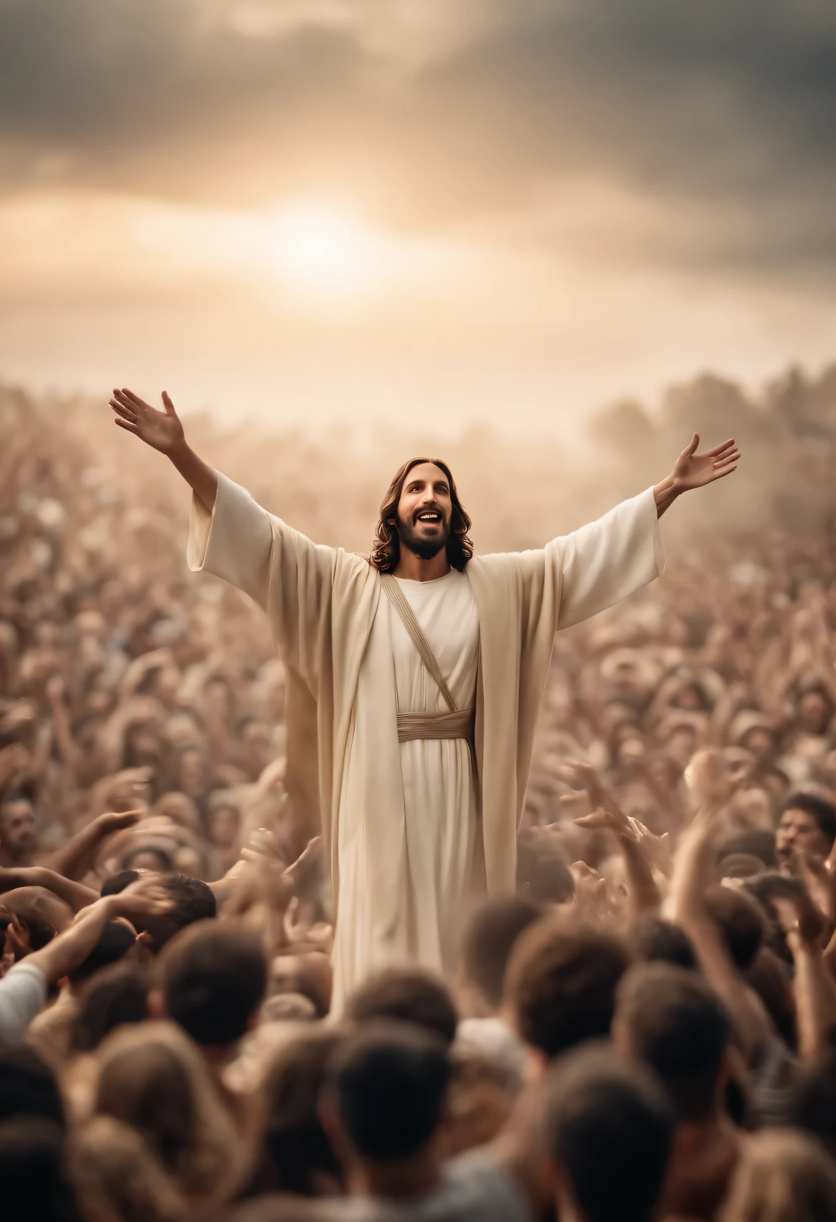 Jesus Christ flying over the crowd with open arms. over your head, uma forte luz que representa a paz divina.