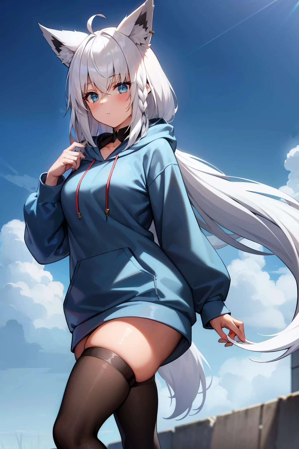 girl, fubuki1, white hair, long hair, fox ears, blue eyes, fox tail, foxgirl, casual outfit, blue hoodie, oversized hoodie, white thigh-highs