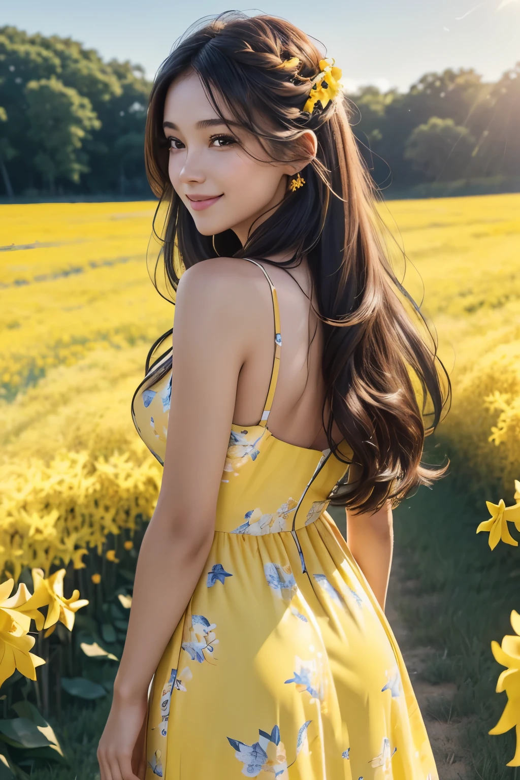 (Beautiful girl_one person),(long hair_dark brown,Bold waves),(pretty face_smile,White skin,immaculately clear),((costume_Forsythia color, dress(yellow floral pattern)),(whole body_Good ratio),(background_Vast grasslands_wild flower with unknown name),(background_Dazzling sunlight behind the girl&#39;s back,warm sunshine),(style_realistic,realistic details),(picture quality_high quality,8K),
