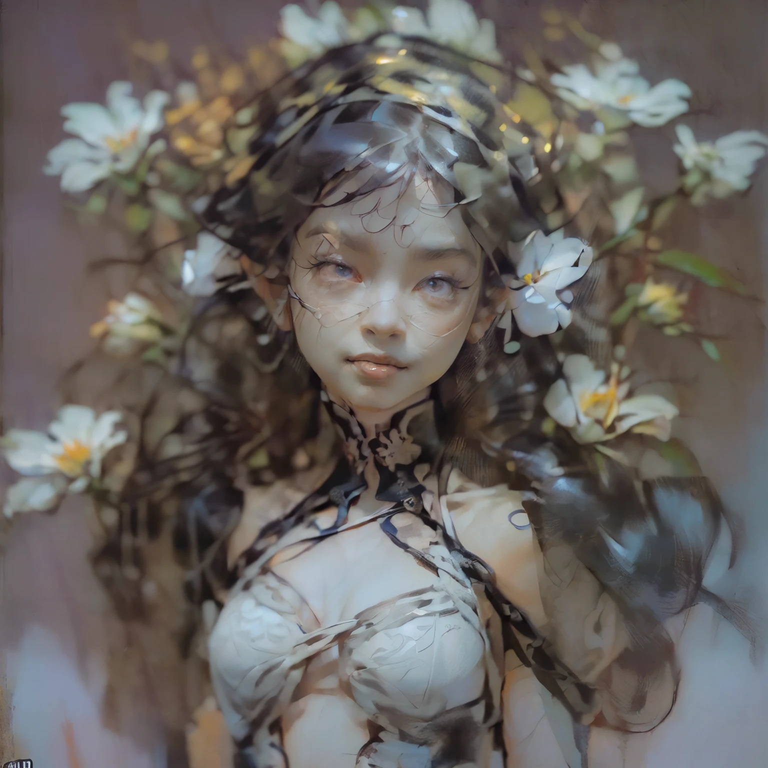 ((Create MaxZenArt!))_(((Little , , chibi, full height, relaxed pose, standing, whole post)_(16+ years)))_(((Very beautiful small peach breasts, graceful figure , narrow waist, smooth hips)), ((long double braids, tight braids, long braid, braided hair, long hime haircut, dark hair, black hair, colored inner part of hair)))_(((purple_eyes:1.3)) , ((intricate eyes, beautiful detailed eyes, symmetrical eyes)), ((big eyes:1.5)),((red lips)), ((smile)))_(((Shiny skin:1.5, white skin, fair skin: 1.5, white skin, shiny skin, very shiny skin, shiny body, reflective skin)))_(((Detailed face)), ((beautiful detailed lips)), ((sexy), (erotic), (cute , kawaii), (nsfw)))_(((Eyeshadow, makeup, eyelid makeup)), ((side breasts)), ((revealing clothes, showing skin)), ((bare shoulders, black lace dress )), ((black chiffon dress, very short)), (((tight-fitting, (black), sheer lace dress)), ((standing almost completely naked, with little clothing on)), ((tiny thong)) , ((1.1, black outfit, wet clothes, intricate negligee outfit)))_ (((Shy pose: 1.3)), ((looks seductively at the viewer, embarrassed smile, shy, sexy, erotic)), ((center , scale to size)))_(((Rule of thirds, outdoors, overgrown)) ,((dark background, realistic painting, digital painting, high quality)), ((dark background 0.5, decorative background, flowers ornament, skulls )), ((decorative dark background)), ((stunning white lilies, extremely unusual)), ((skulls)), ((white lilies - large stems)), ((sunset, golden hour)), (( gold ornaments ornaments))_(((Top quality,8K,32K, masterpiece), (high resolution),(Photorealism:1.4))_(((Cool soft shadows), (warm contrasting light, vibrant theme, detailed )) , ((high contrast, photorealistic graphics:1.37)),((digital painting, oil painting, wide wet brushstroke)),((best quality,4k, high resolution,masterpiece:1.2)), ((ultra detail),( realistic, photorealistic, photorealistic: 1.37)).