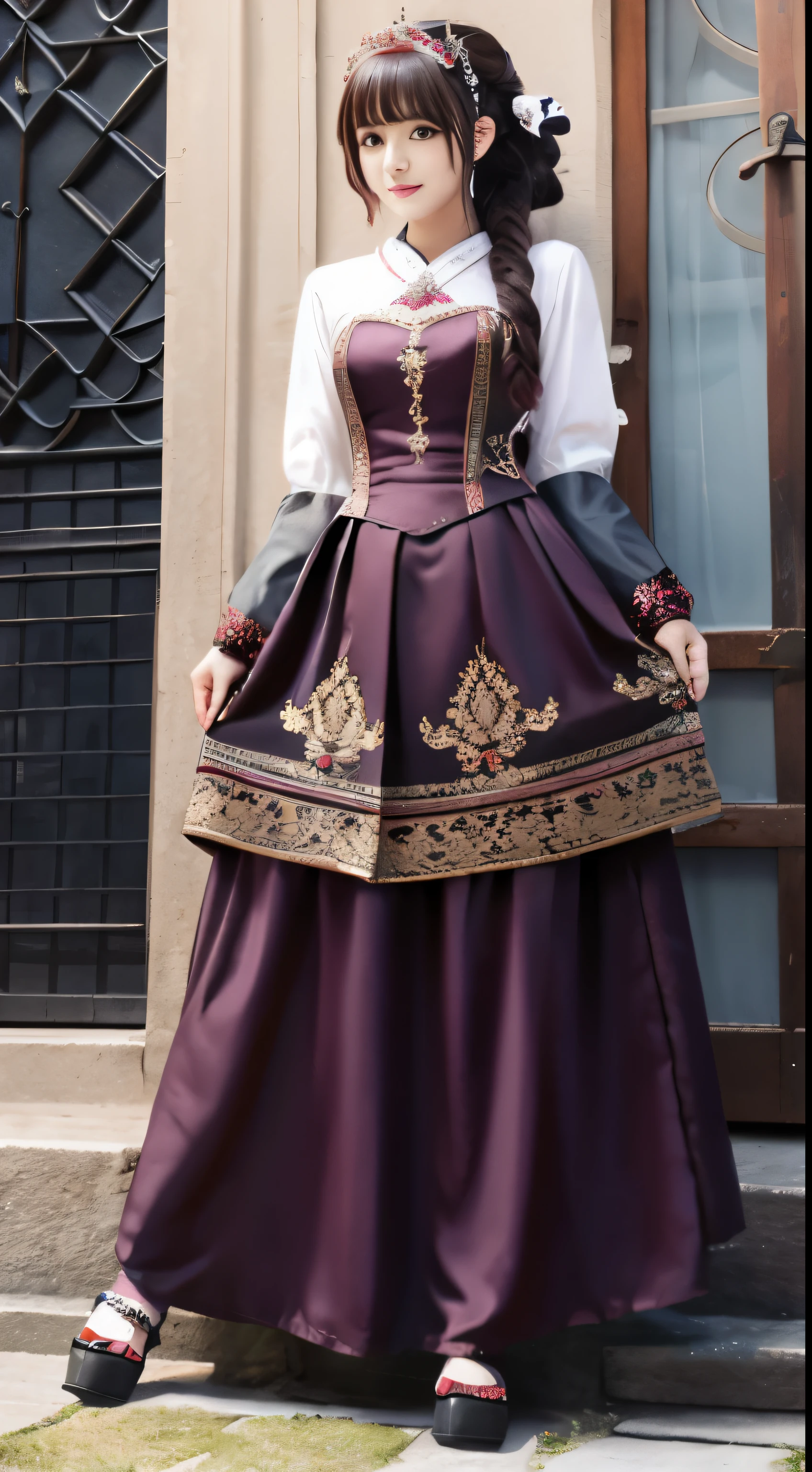 Japanese anime style. woman. middle ages. Europe. fantasy. skirt. sword. Are standing. Whole body. from below.  