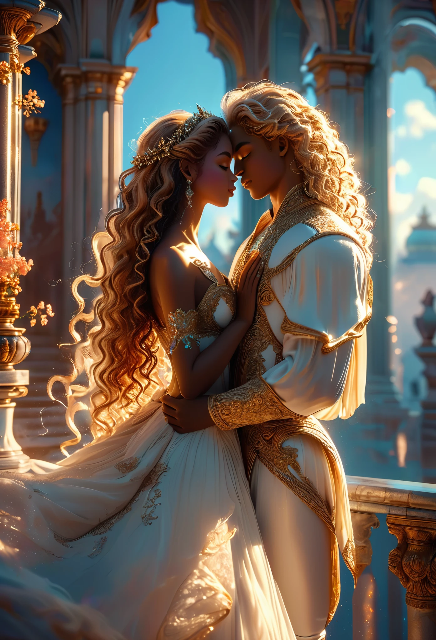 Passionate couple in a celestial landscape, coronation and weeding, young dark-skinned couple in their 20s, in a palace, a man and a woman, (((he is a divine prince with long curly white hair))) and (((she is ginger long curly hair brown skin princesse))), Full body, 8K, extremely detailed, high quality, (photorealistic:1.37), Full body, ideal proportions and defined complexion, meticulously crafted features, unreachable beauty, perfection, breathtaking elegance, g curves, goddess-like figures, divine symmetry, artistic masterpieces, vivid realism, hyper-detailed sculptures, life-like forms, truly awe-inspiring, impeccable craftsmanship, pure radiance, ethereal beauty, delicate contours, striking poses, sublime beauty, subtle nuances, dynamic compositions, vibrant colors, perfect lighting, soulful expressions, celestial aura, majestic presence, dreamlike atmosphere, unmatched gdetailed octane render trending on artstation, 8 k artistic photography, photorealistic concept art, soft natural volumetric cinematic perfect light, chiaroscuro, award - winning photograph, masterpiece, perfect composition, beautiful detailed intricate insanely
