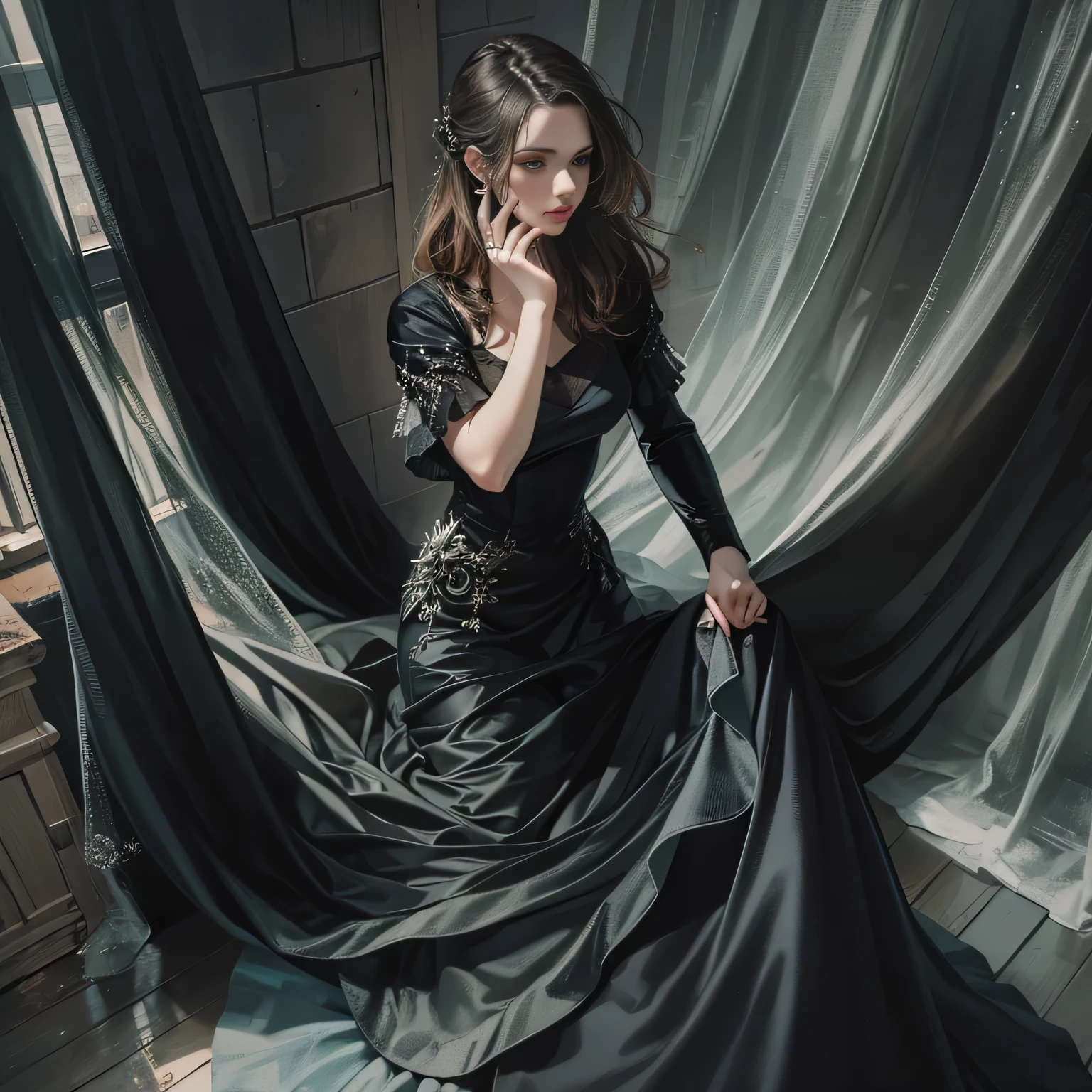 Beautiful woman in vey long translucent black satin dress