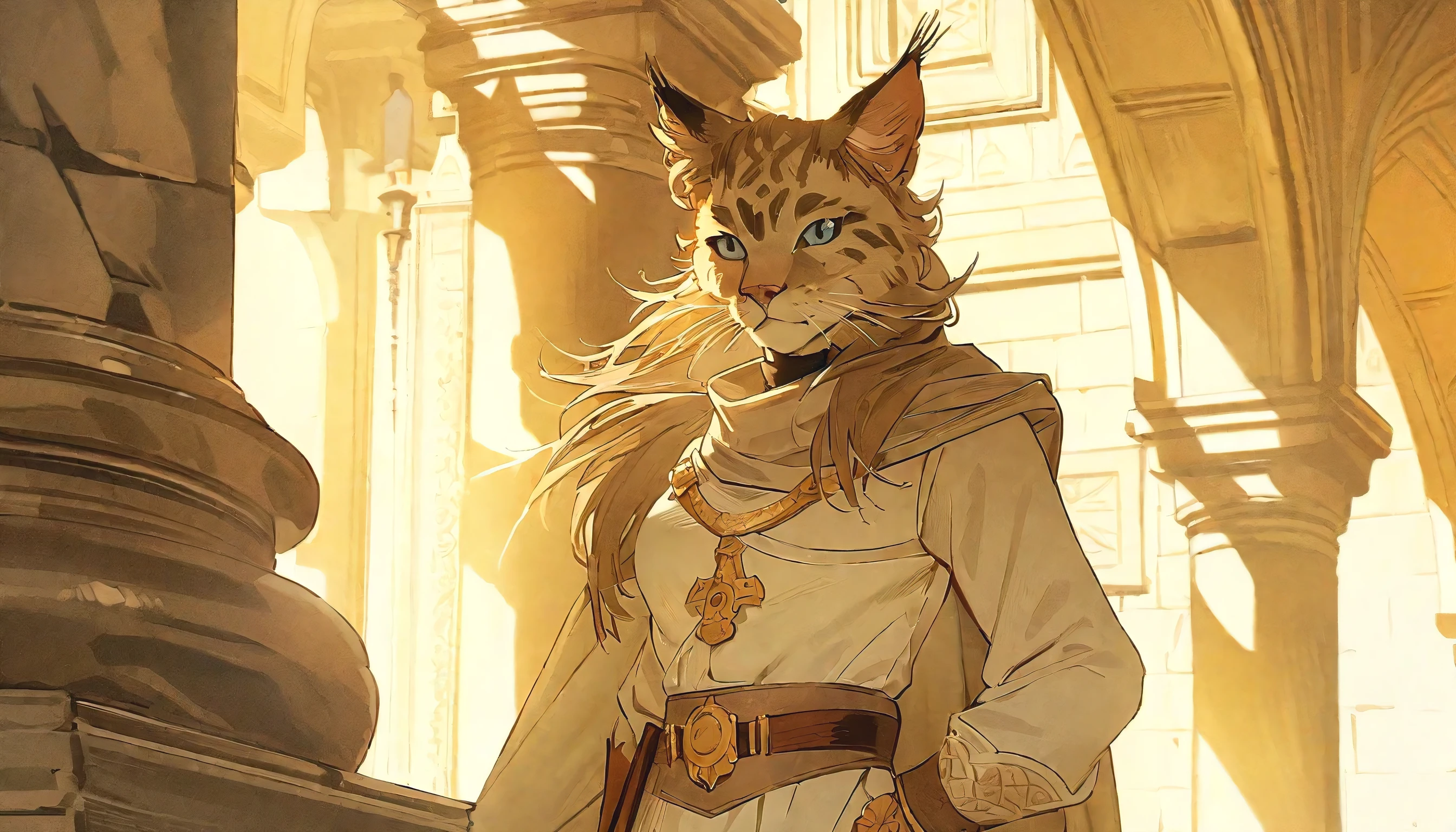 (best quality, masterpiece, ultra-detailed, highres, realistic:1.37), a youthful and optimistic 3 foot tall 30 year old tabaxi woman race from d&d with a himalayan cat like appearance who has beige fur and long haired ears wearing fancy beige medieval doctor vestments with a golden belt and broach on her chest in the style of the Castlevania Animated Series