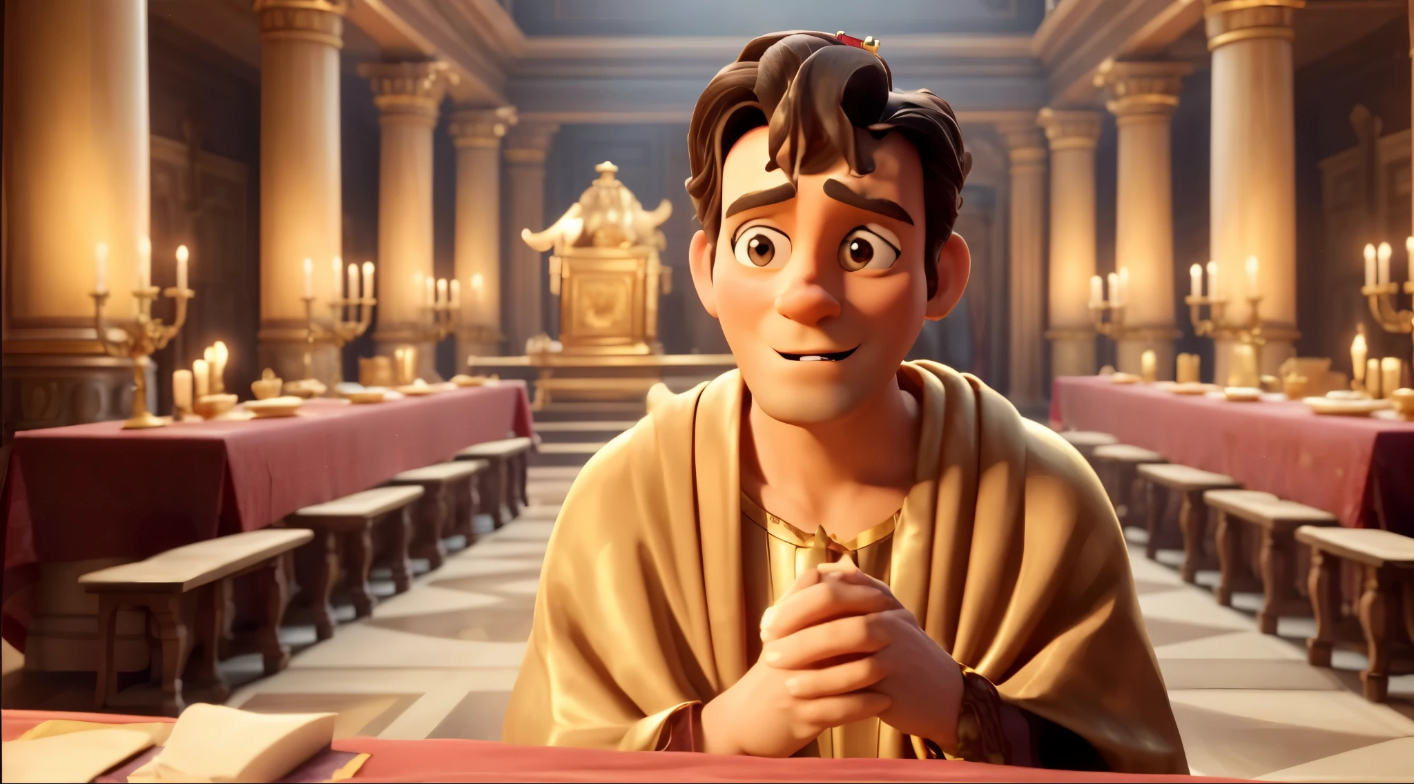 In this image, a cartoon king stands in a fancy palace with golden pillars and red curtains. The king is wearing a gold crown and a gold robe. He has a big belly and is looking at the camera with a serious expression. The palace has a black and white checkered floor and three windows in the background.