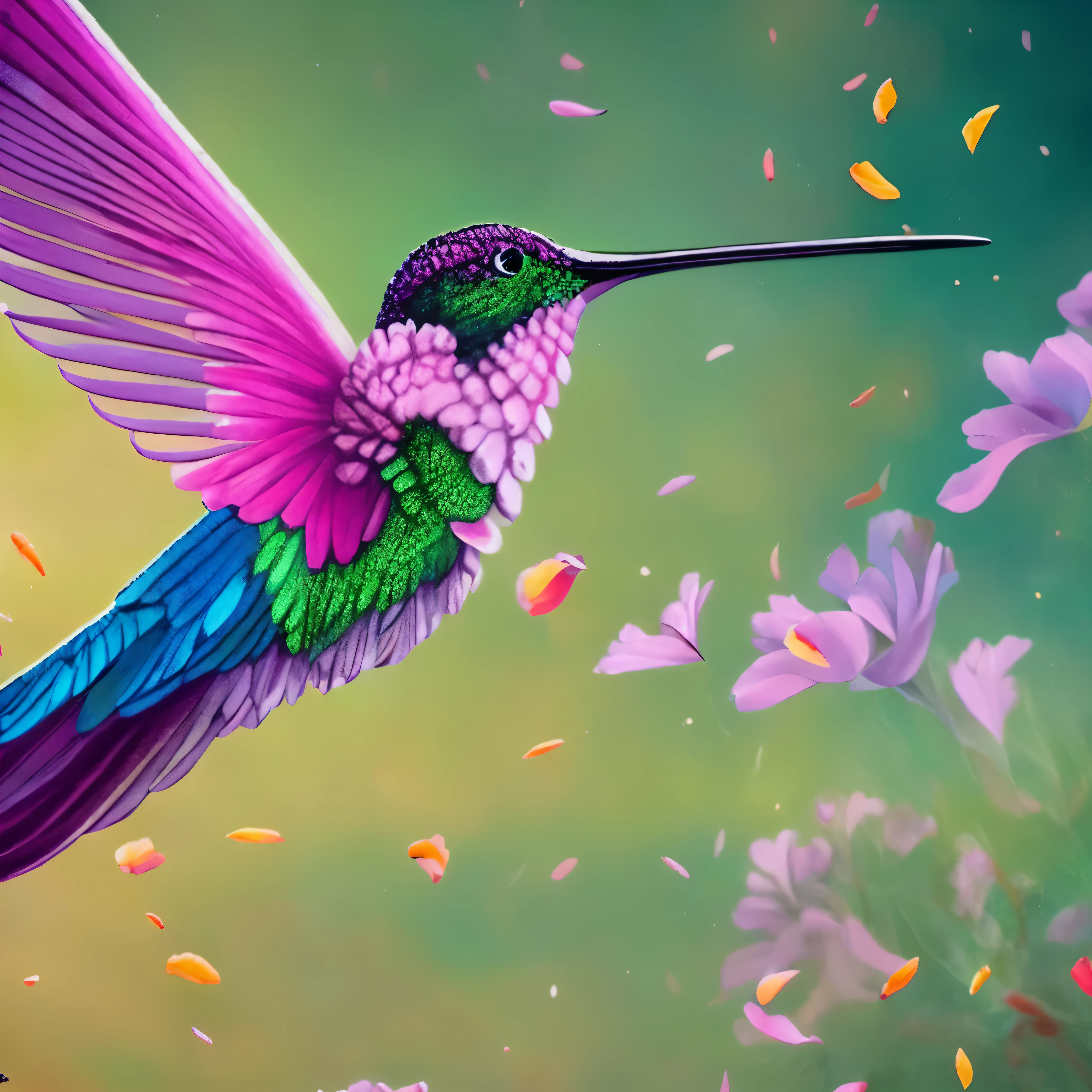 Meisterwerk, Kolibri, wind, Windeffekt, Hintergrund Fantasy-Kunst, pastellfarbener Wald